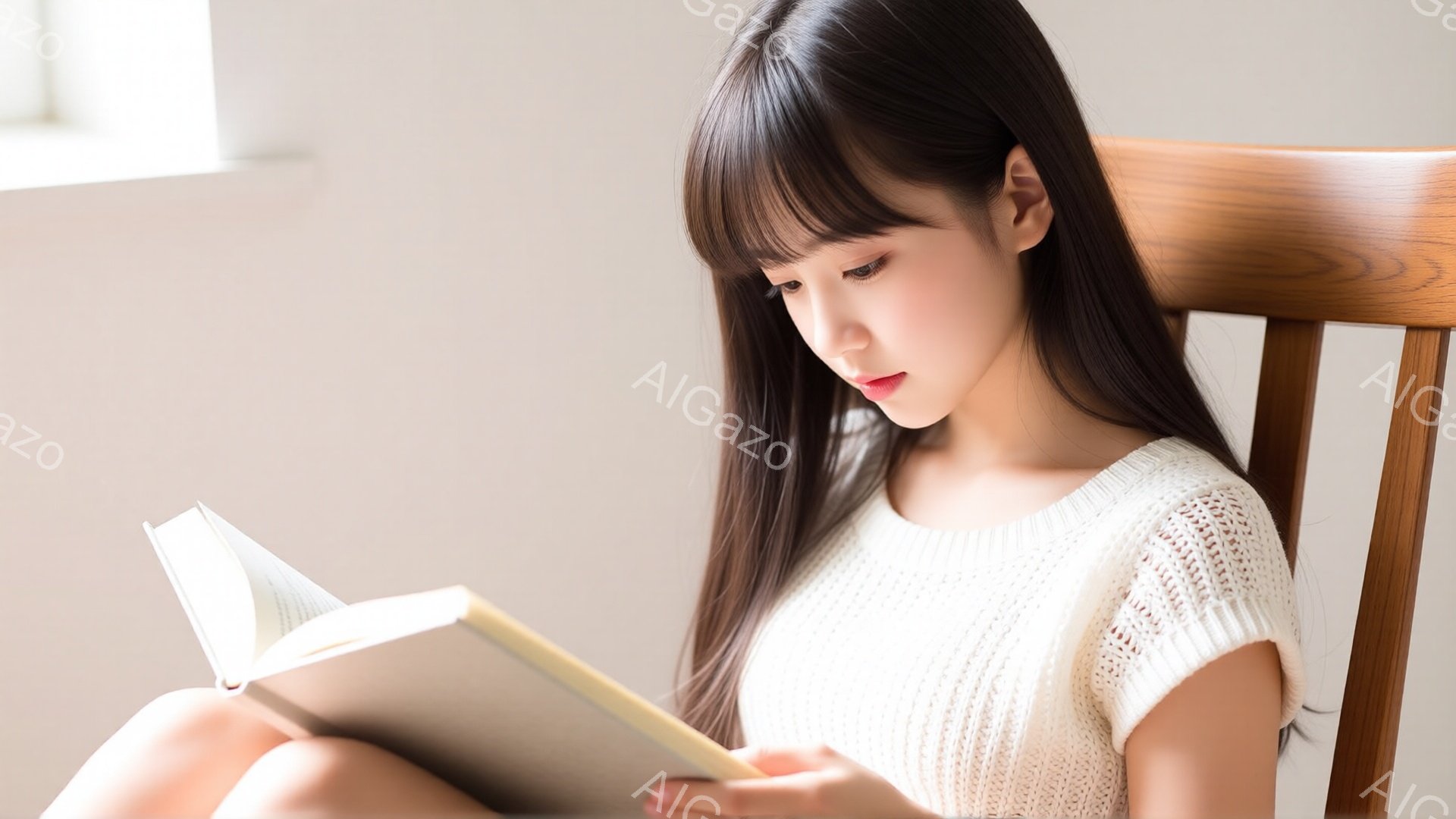 長い黒髪を後ろに垂らした若い女性が、白いニットのトップスを着て椅子に座り、本を読んでいます。彼女は集中した表情で、膝を曲げて本に寄りかかっています。背景は明るい色調で、シンプルな室内空間であり、全体的に穏やかでリラックスした雰囲気が漂っています。