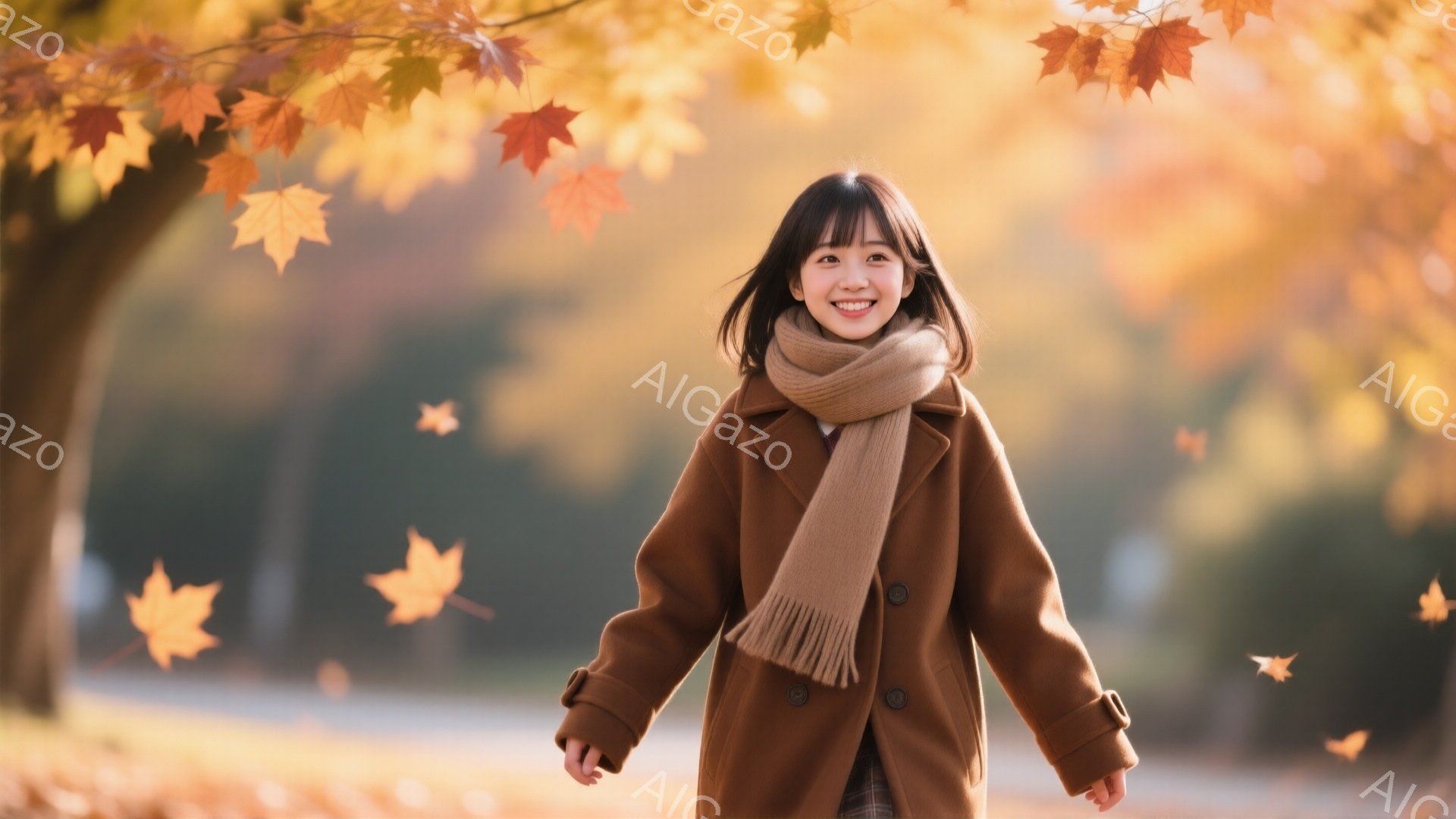 明るい笑顔の若い女性が、落ち葉が舞う公園で正面を見ている。彼女は茶色のコートとマフラーを身につけ、肩まで届く黒髪はストレートで、軽やかに両手を広げている。背景にはぼやけた木々と、秋らしい暖色系の色彩が - AI生成フリー素材