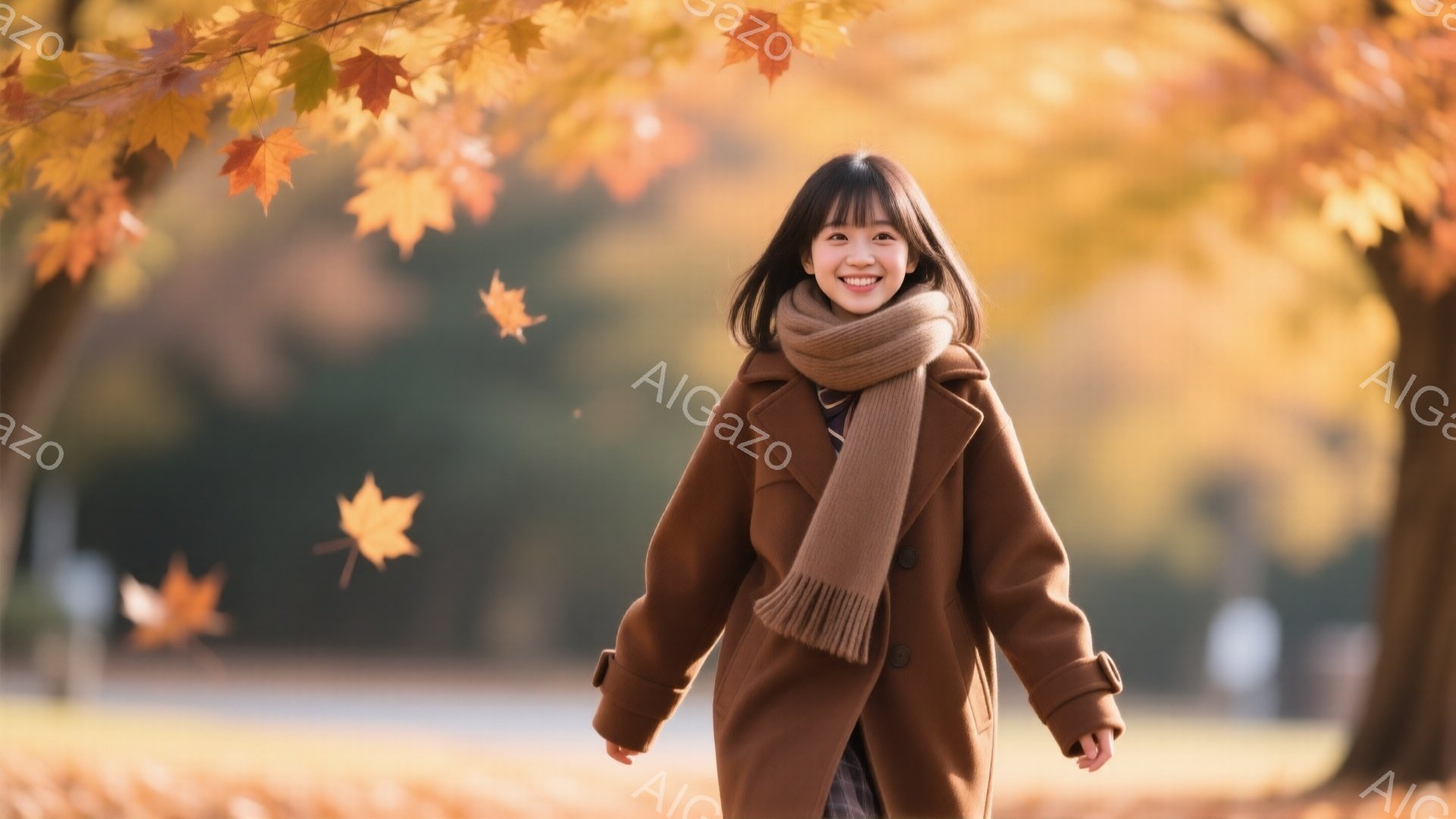 明るい笑顔の若い女性が、秋の公園を歩いている。茶色のコートとマフラーを身につけ、髪は肩までの長さで、前髪が特徴的だ。背景には鮮やかな紅葉の木々と、ぼやけた遊歩道が見え、暖かく穏やかな秋の雰囲気が漂って - AI生成フリー素材