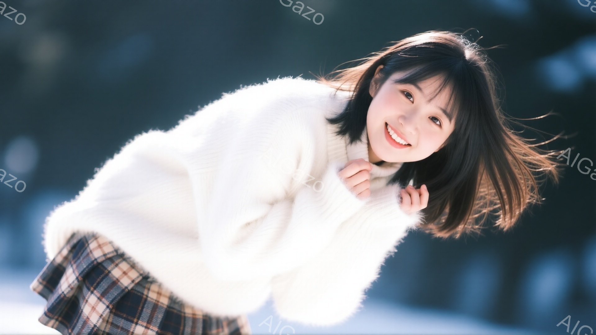 明るい笑顔の若い女性が、白いふわふわのセーターとチェック柄のスカートを着ています。彼女は少し体を傾けており、髪は肩のあたりで軽やかに揺れています。背景はぼやけており、雪景色であることがわかりますが、全 - AI生成フリー素材