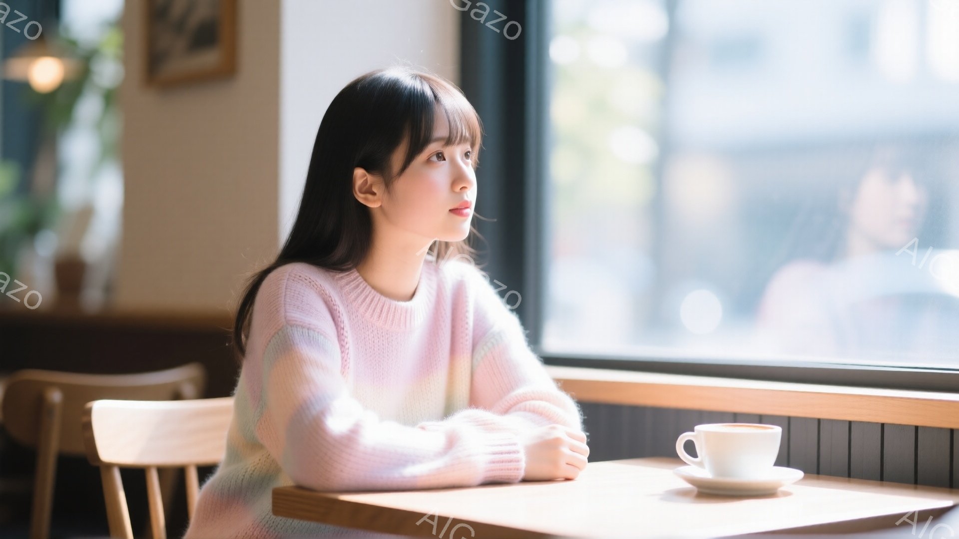 長い黒髪の女性が窓際に座り、優しい表情で外を眺めている。淡いピンク色のニットセーターを着ており、木製のテーブルには白いカップとソーサーが置かれている。背景には薄暗い室内と、ぼんやりと見える街並みが広がっており、穏やかで落ち着いた雰囲気を醸し出している。