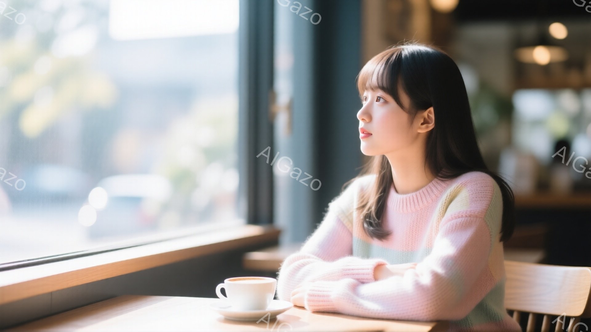 長い黒髪で、前髪を少しだけ分けている女性が、窓際に座って外を眺めている。ピンクと緑のストライプのセーターを着ており、リラックスした雰囲気で、どこか物思いにふけっている表情をしている。背景にはぼやけた街並みが見え、窓から差し込む光が彼女を柔らかく照らしている。