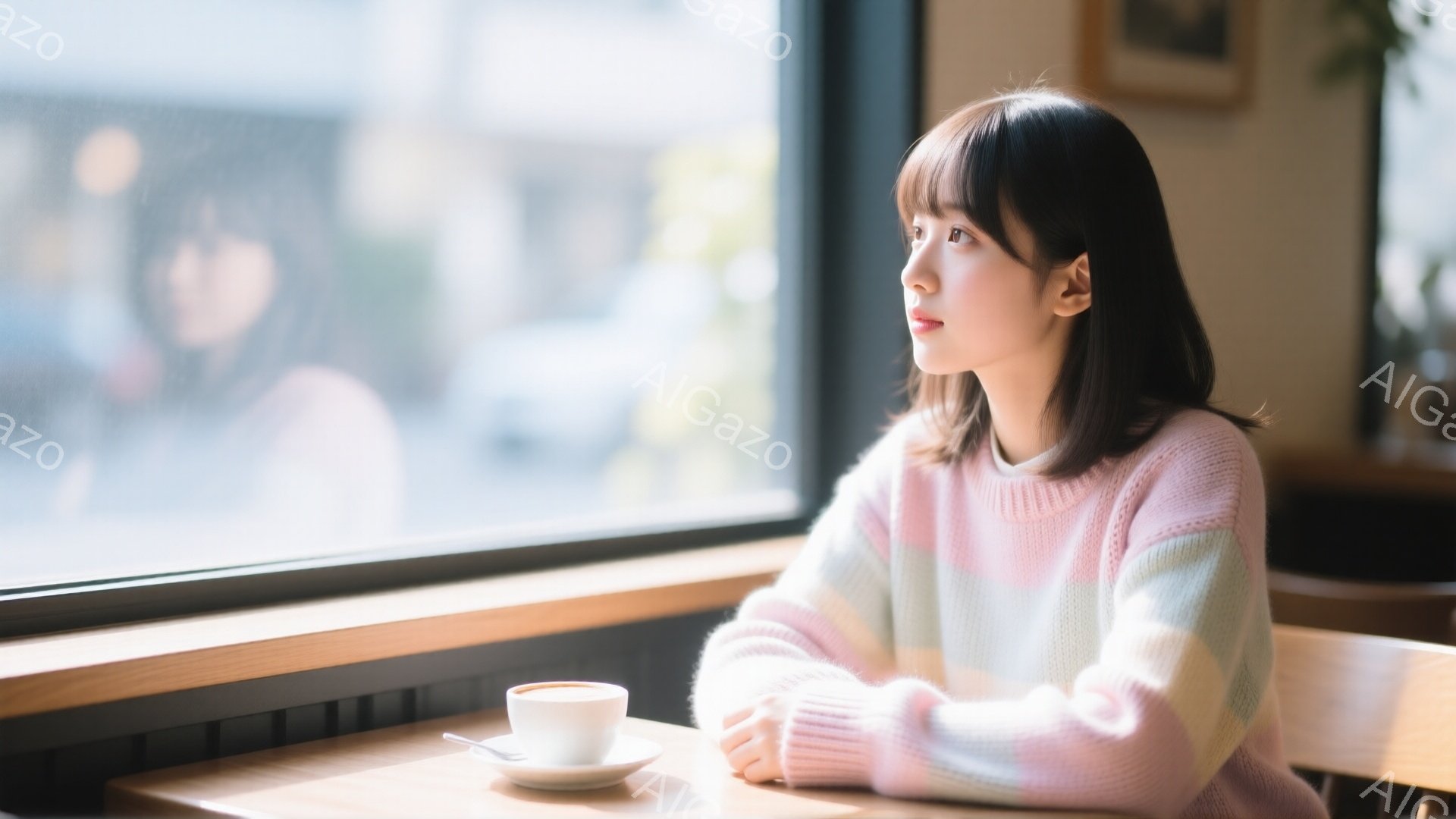 若い女性が窓辺の席で外を眺めている。彼女はピンクと白のブロック状のセーターを着ており、前髪のあるダークヘアが肩にかかっている。穏やかな表情で、物思いにふけるようなポーズをとっている。