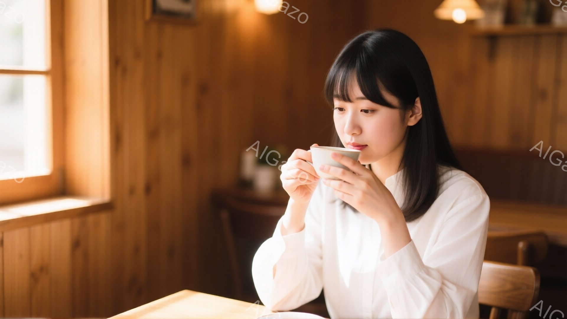 長い黒髪で前髪のある女性が、白いブラウスを着て温かい飲み物を両手で抱えています。彼女は窓からの柔らかい光を受けながら、少し内を覗き込むような表情で、リラックスした姿勢で座っています。背景は木製のパネルで覆われた壁と、ぼやけた家具で、温かく落ち着いた雰囲気です。