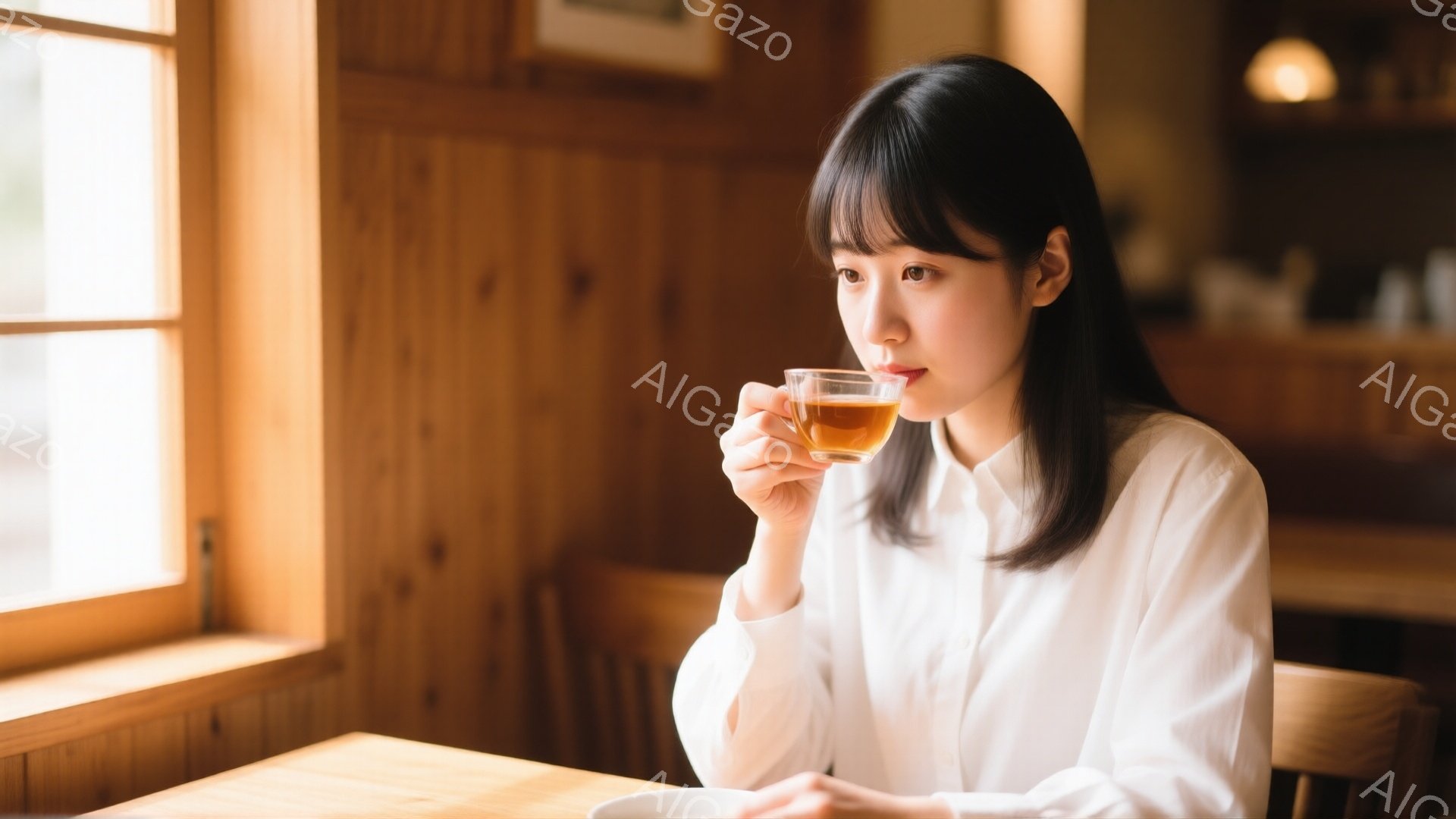 窓際の明るい光の中で、女性がカップを手に持っている。彼女は白いシャツを着ており、暗い髪は肩にかかる長さで、少し内側にカールしている。穏やかな表情で、リラックスした雰囲気で飲み物を楽しんでいるようだ。