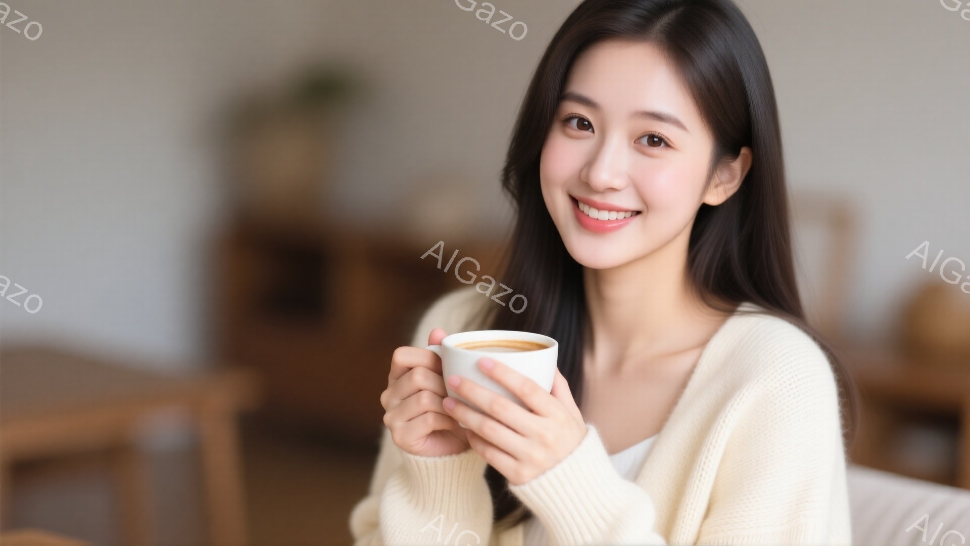 長い黒髪を肩まで伸ばした若い女性が、白いセーターを着て微笑んでいます。彼女は両手で白いマグカップを抱え、リラックスした姿勢で座っています。背景はぼやけており、リビングルームのような室内空間で、穏やかで - AI生成フリー素材