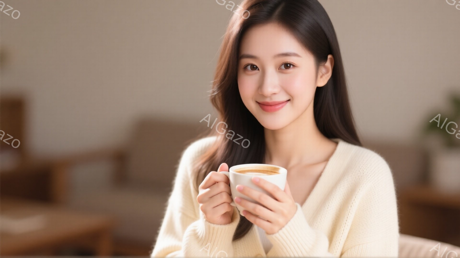 明るいベージュのセーターを着た若い女性が、両手で白いカップを抱え、穏やかな笑顔を浮かべている。彼女は長い黒髪で、自然なストレートヘアスタイルだ。背景はぼやけており、暖色系の室内空間で、リラックスした雰囲気を醸し出している。