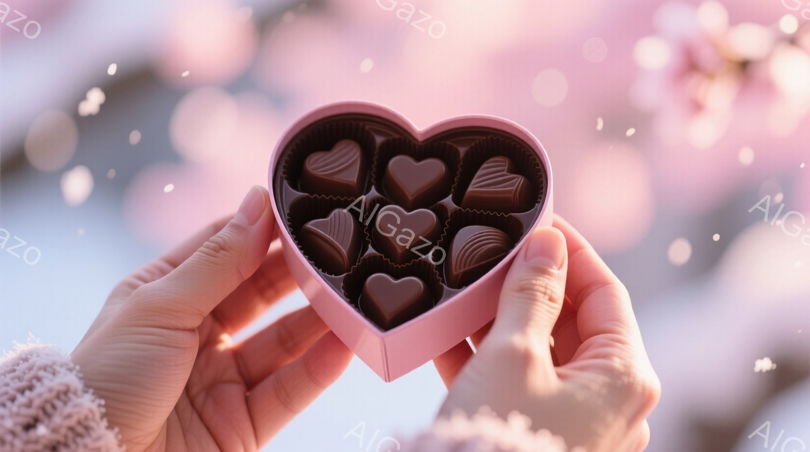 薄いピンク色のハート型の箱が、女性の手によって優しく抱えられています。箱の中には、様々な種類のチョコレートが整然と並べられており、それぞれが美しい光沢を放っています。背景はぼやけており、淡いピンク色の - AI生成フリー素材