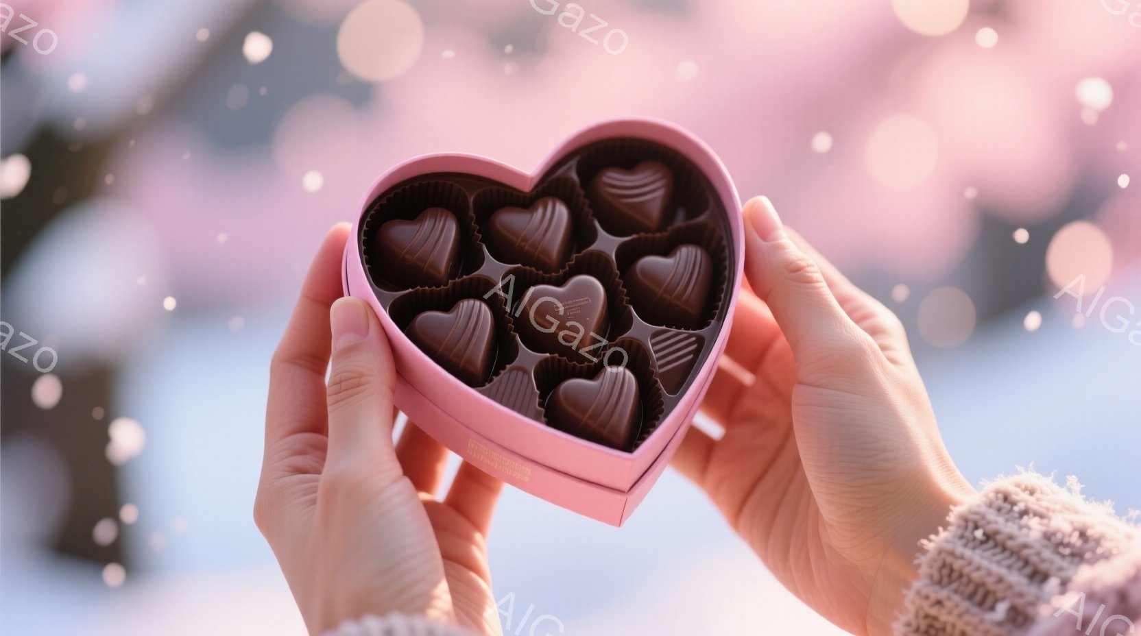 ピンク色のハート型の箱が、ニットの袖を持つ女性の手によって持ち上げられています。箱の中には、チョコレートでできた可愛らしいハート型のものが整然と並んでいます。背景はぼやけたピンク色の光の粒で、ロマンチ - AI生成フリー素材