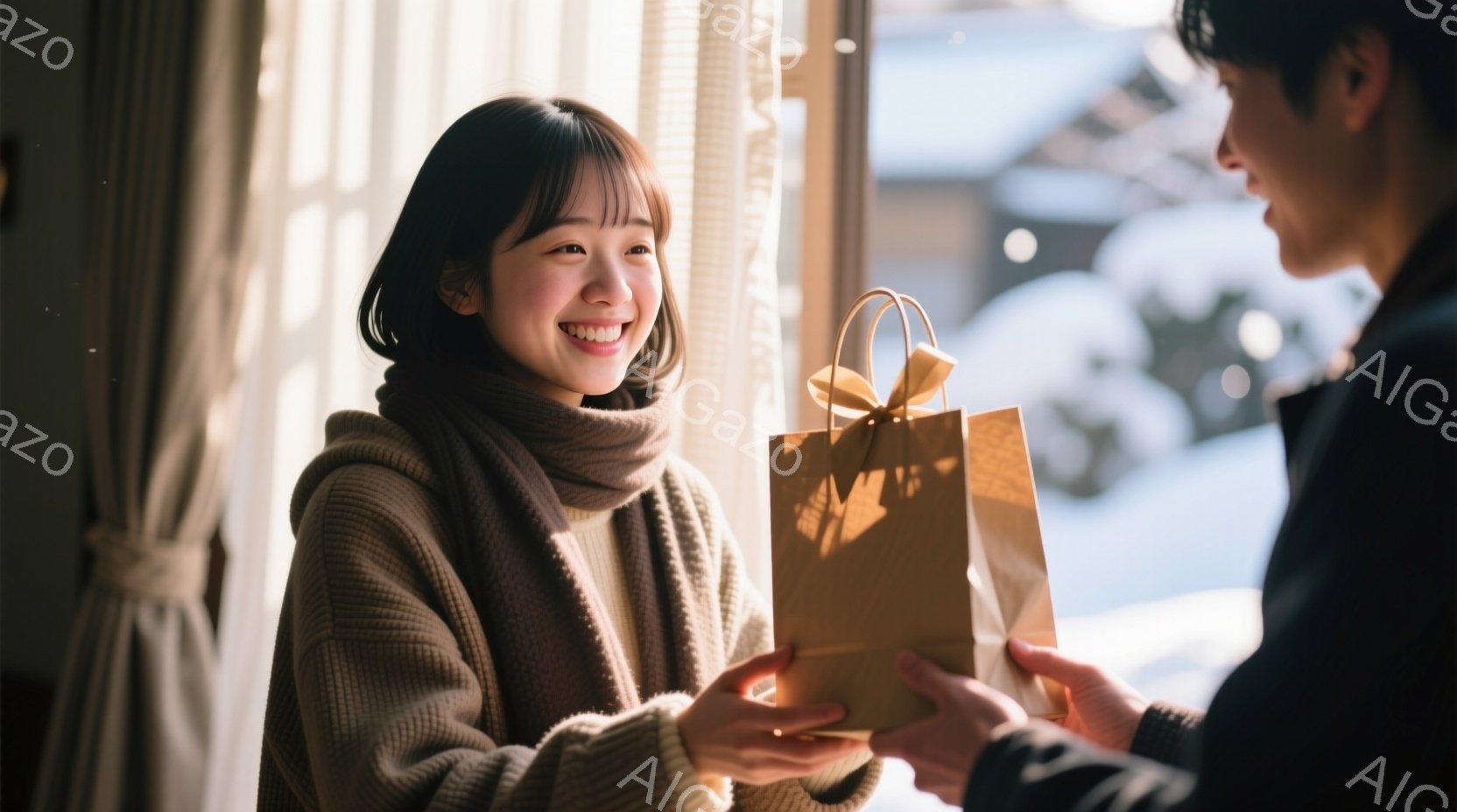 若い女性が、茶色の包装紙で包まれたプレゼントを受け取ろうとしています。彼女は、毛糸のセーターとマフラーを身に着け、髪は肩までの長さで内側にカールしています。背景には雪景色が見え、室内からの暖かい光が差し込み、プレゼント交換の温かい雰囲気を醸し出しています。