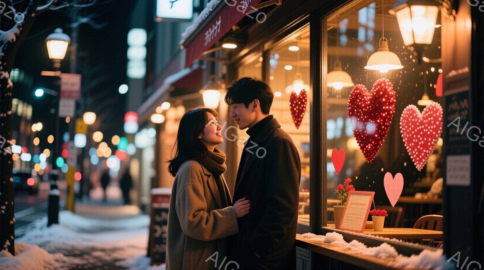 街の明かりが煌めく雪の夜、若い男女が店のウィンドウの前で寄り添い合っている。女性はベージュのコートを着て、髪を耳にかけるようにまとめ、微笑んでいる。男性は黒いコートを着て、女性を見つめ、優しげな表情をしている。