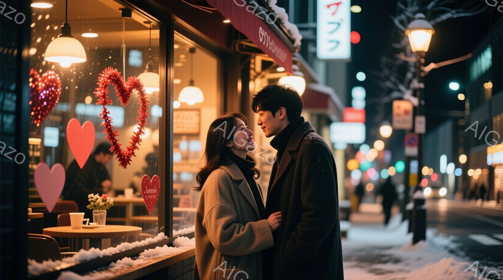 若い女性と男性がカフェの窓の前で顔を見合わせています。女性はベージュ色のコートを着ており、長い髪は肩にかかっています。背景には装飾されたカフェの内部と、夜の街並み、そして雪が降っている様子が見えます。