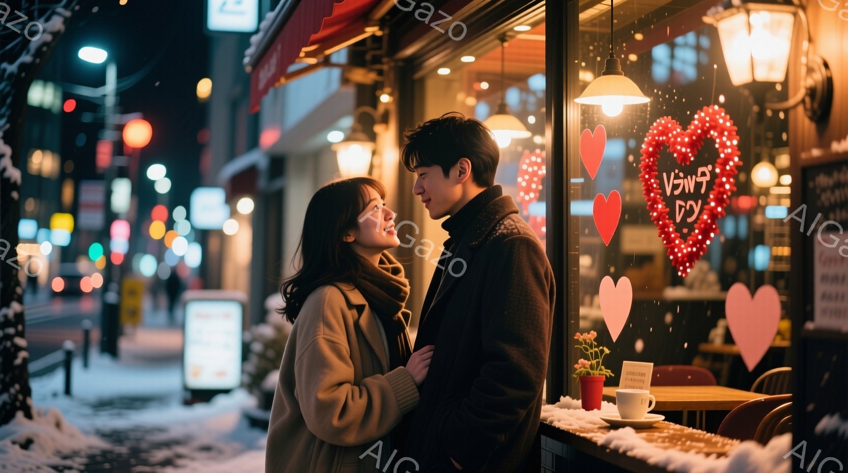 街のカフェの窓辺に若い男女が寄り添って立っている。女性は明るい茶色のコートにオレンジ色のマフラーを巻き、髪は肩までの長さで軽くウェーブがかかっている。男性は黒いコートを着ており、女性を見つめており、背景には可愛らしいハートの飾りとカフェの温かい光が映り込み、雪が舞う夜のロマンチックな雰囲気を醸し出している。