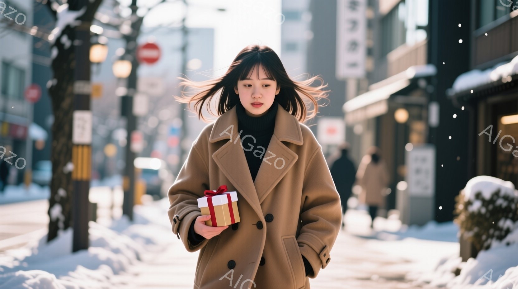 長い黒髪をなびかせながら、キャメル色のコートを着た若い女性が正面を向いている。彼女は片手に赤いリボンがついた小さな贈り物を持ち、少し緊張した表情をしている。背景には雪が積もり、建物や街路灯が見え、冬の街並みが広がっている。