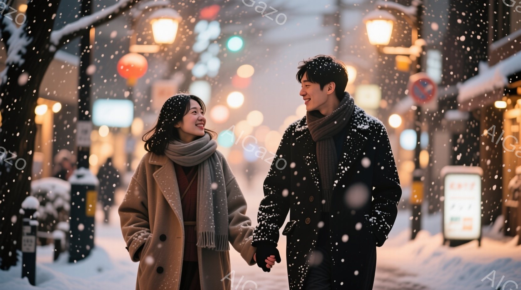 雪が降る街路で、若い男女が手をつないで歩いている。女性はベージュ色のコートにストールを巻き、髪は肩までの長さで少しウェーブがかかっている。男性は黒いコートを着ており、笑顔で女性を見つめている様子は温かく、幸せな雰囲気を醸し出している。