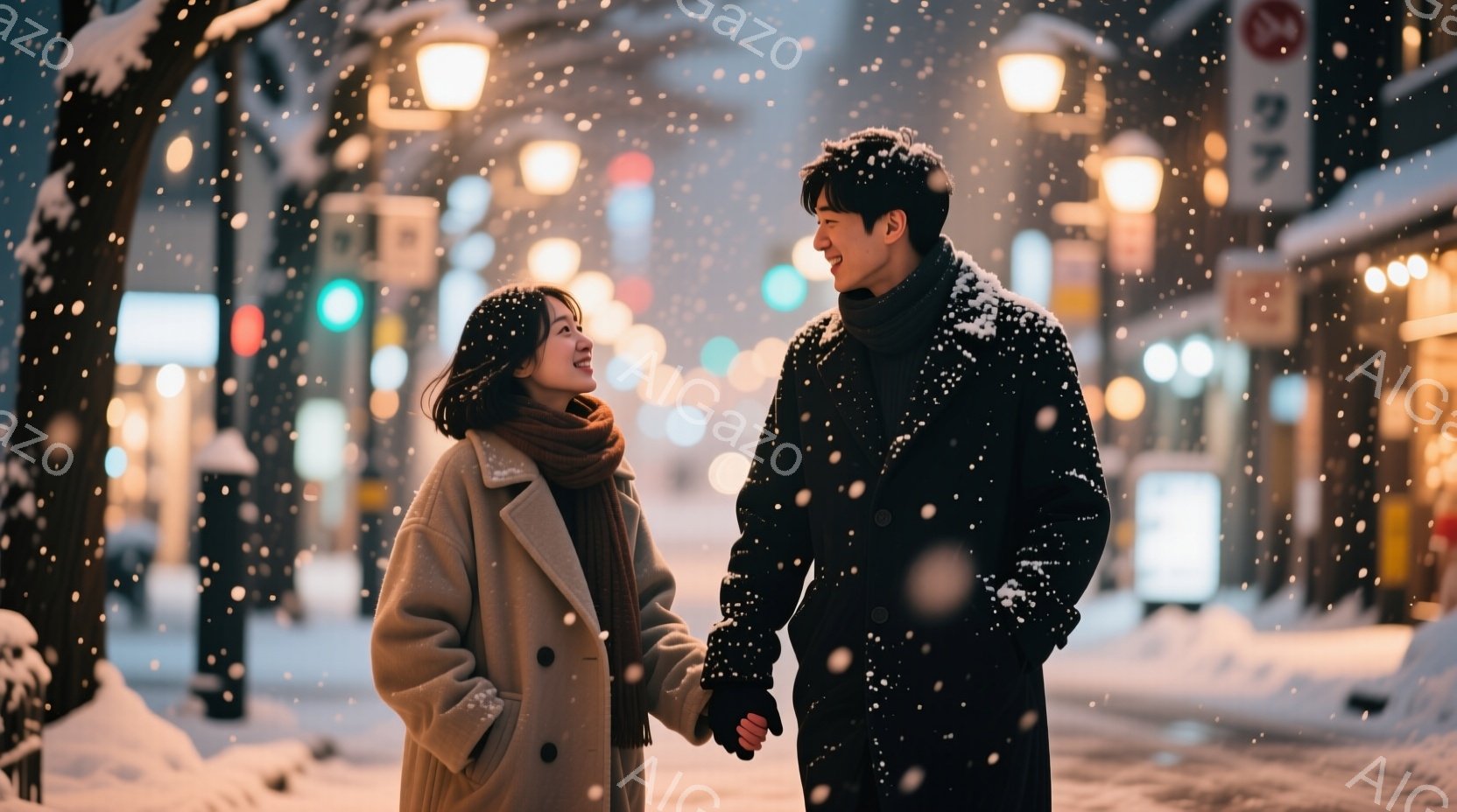 雪が降る夜の街並みを、若い男女が手をつないで歩いている。女性はオフホワイトのオーバーサイズコートにスカーフを巻き、微笑んでいる。男性は黒いコートを着て、女性の方を見ており、穏やかな表情を浮かべている。