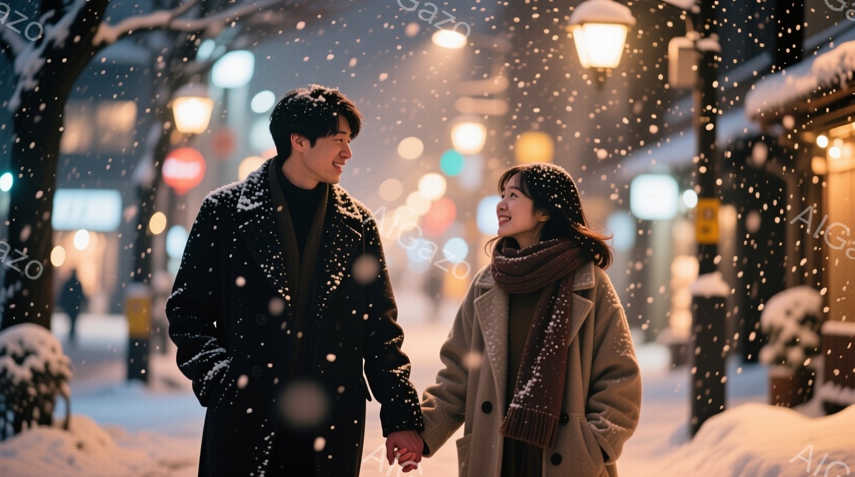 雪が降る夜の街並みで、若い男女が手をつないで歩いている。男性は黒いコートを着ており、女性はベージュのコートとオレンジ色のマフラーを身につけ、笑顔で互いを見つめ合っている。背景には、ぼんやりと光る街灯と雪で覆われた建物が見え、ロマンチックで温かい雰囲気が漂っている。