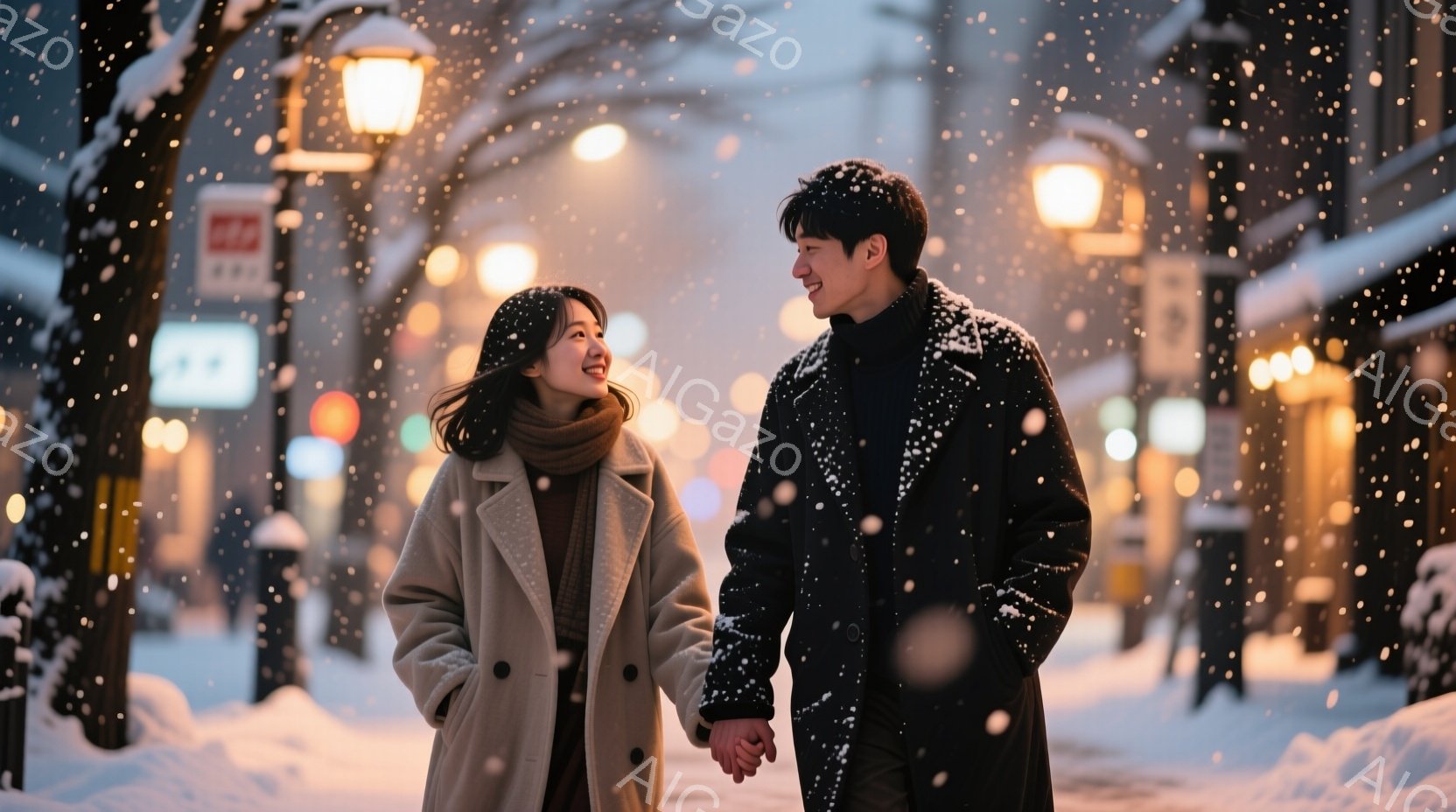 雪が降る街中で、若い男女が手をつないで歩いている。女性はベージュ色のコートに薄茶色のマフラーを巻き、髪は肩までの長さで自然なウェーブがかかっている。男性は黒いコートを着ており、二人は顔を見合わせ、楽しそうな表情を浮かべている。