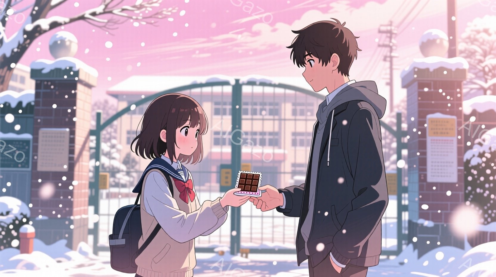 雪が降る学校の門の前で、女子学生が男子学生にチョコレートを渡しています。女子はセーラー服を着ており、短い茶髪をしています。男子は黒いパーカーを着ており、少し照れたような表情をしています。