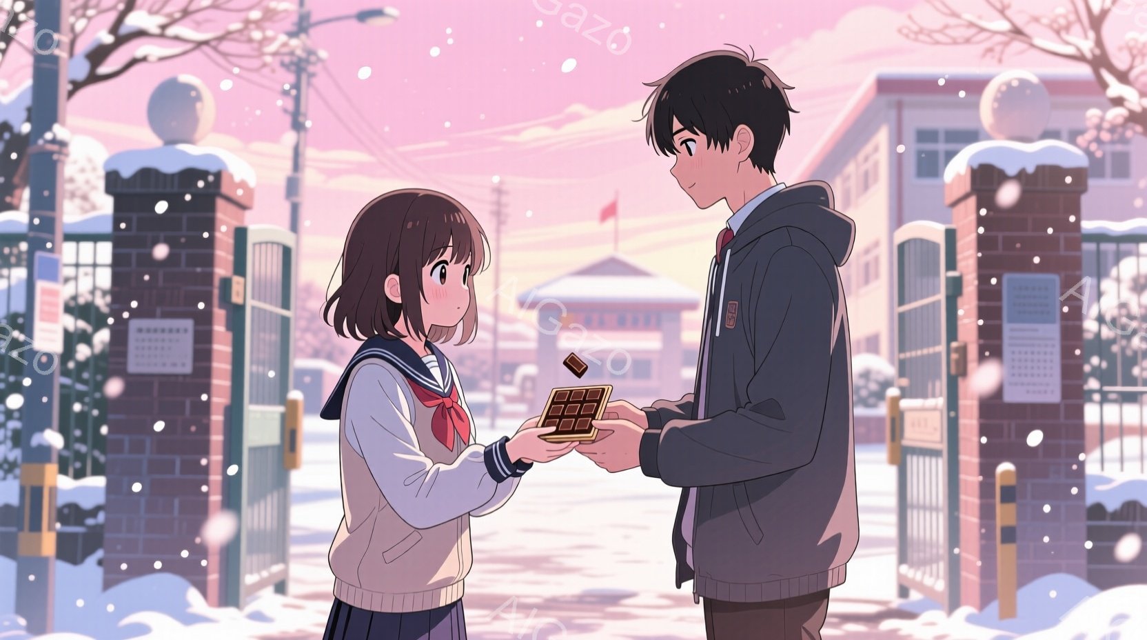 画像には、制服を着た少女と、ジャケットを着た少年が描かれています。少女は茶色のショートヘアで、笑顔で少年へチョコレートを手渡しています。背景には雪が降り積もる学校の建物が見え、全体的に温かく、ロマンチックな雰囲気が漂っています。