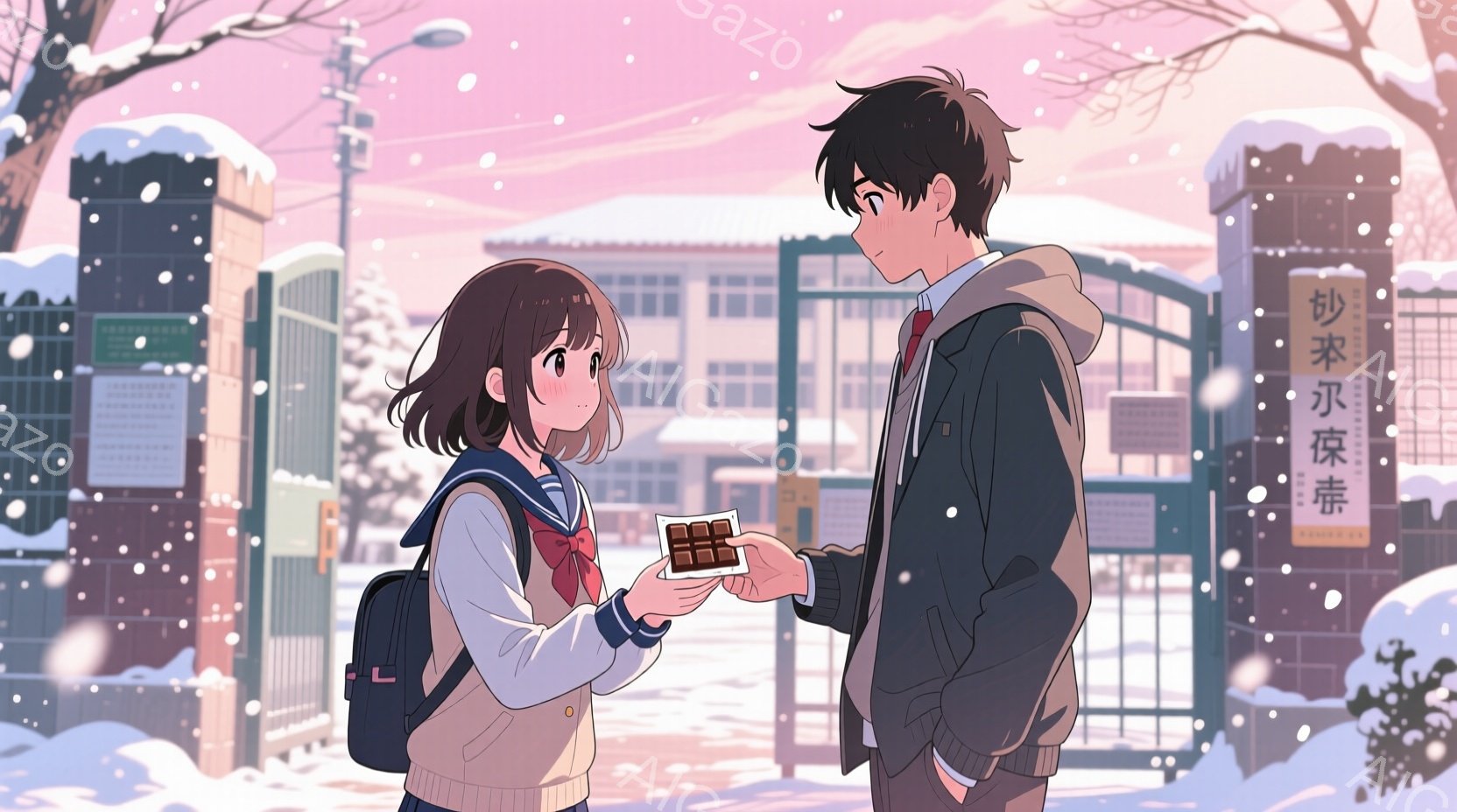 雪が降る学校の門の前で、女子生徒と男子生徒が立っている。女子生徒は短い茶色の髪で、セーラー服にバックパックを背負い、チョコレートを差し出している。男子生徒は黒髪で、落ち着いた表情でチョコレートを受け取ろうとしている。