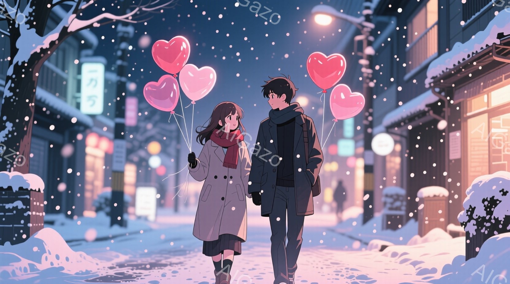 雪が降り積もる夜の街並みを、若い男女が寄り添いながら歩いている。女性は赤いマフラーを巻き、ロングコートを着て、ピンク色のハート型の風船を複数持っている。男性はダークトーンのコートを着て、少し前方を歩いているが、二人は互いに視線を交わし、温かい雰囲気を醸し出している。