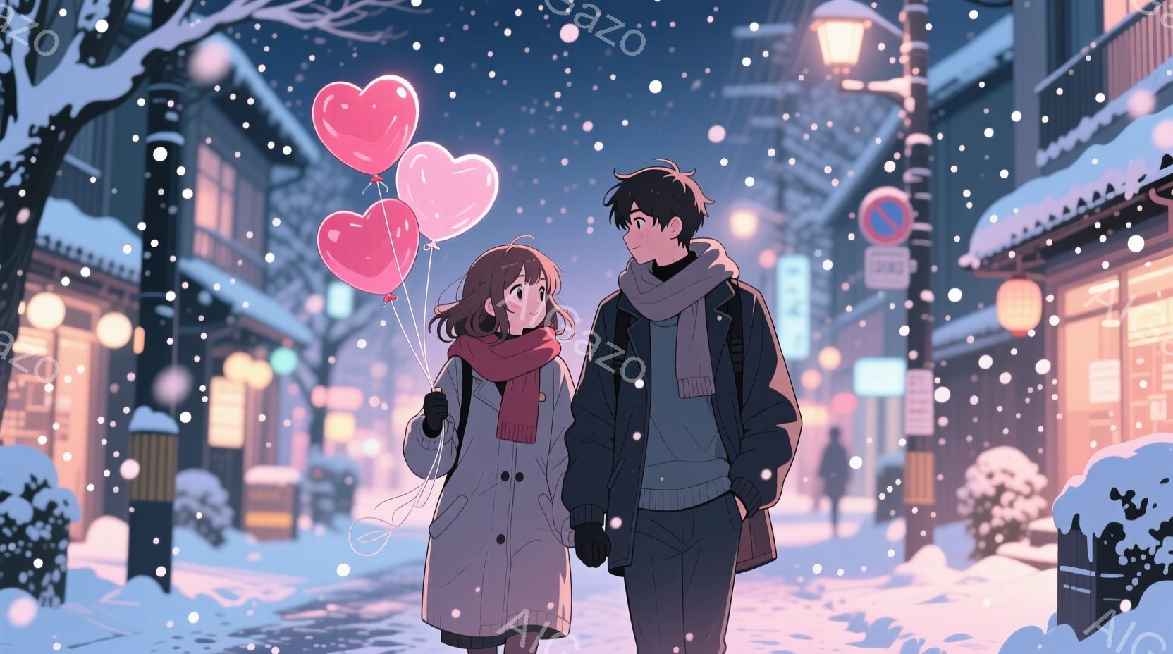 雪が降る街並みを、若い男女が寄り添って歩いている。女性は赤いマフラーと白いコートを着て、ピンク色のハート型の風船をいくつか持っており、微笑んでいる。男性はグレーのセーターと黒いジャケットを着て、女性と腕を組んでおり、穏やかな表情をしている。