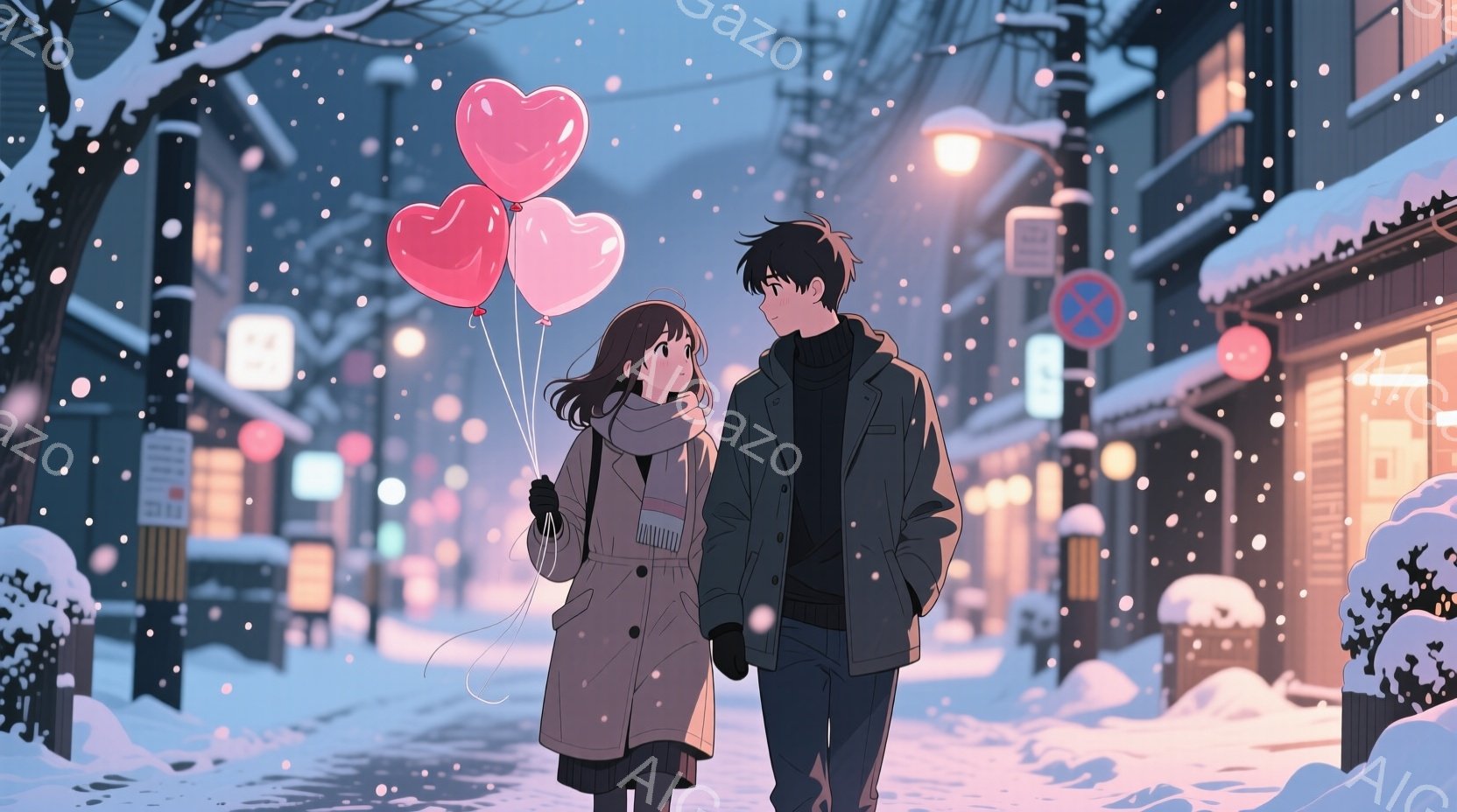 雪が降る夜の街並みを、若い男女が寄り添って歩いている。女性はロングコートにマフラーを巻き、赤いハート型の風船を数個持っており、男性は黒いコートを着て、少し後ろについている。背景には、雪で覆われた建物や街灯があり、全体的に温かくロマンチックな雰囲気が漂っている。