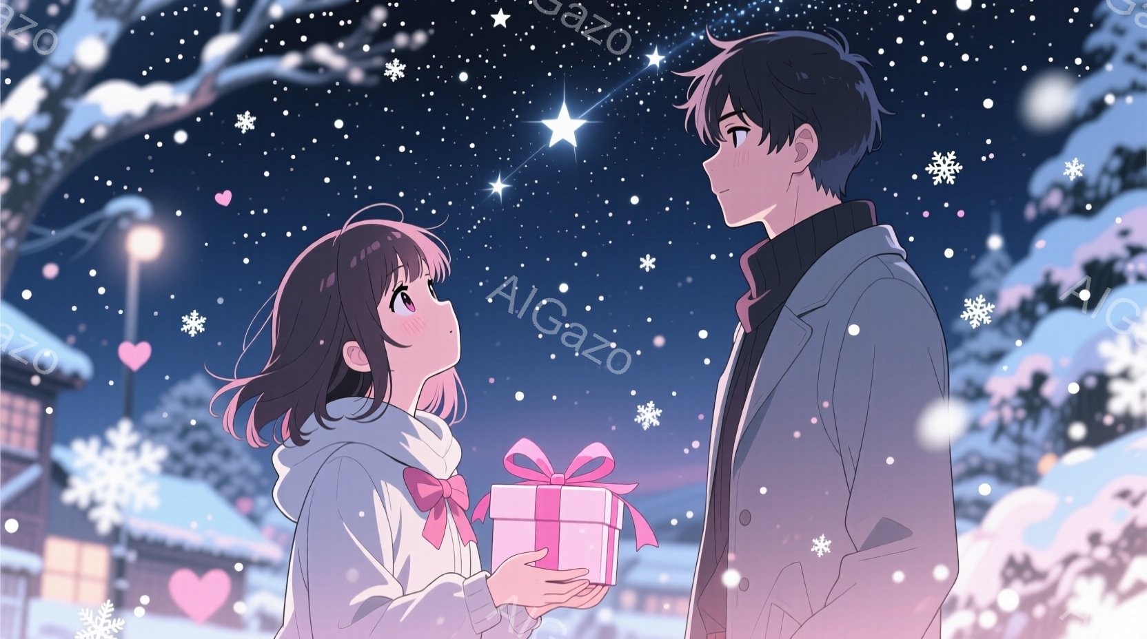 暗い夜空を背景に、少女と少年が描かれています。少女は茶色のボブヘアで、白いコートを着て、ピンクのリボンで飾られたプレゼントを手にしています。少年は黒髪で、黒いコートを着ており、少女を見つめています。