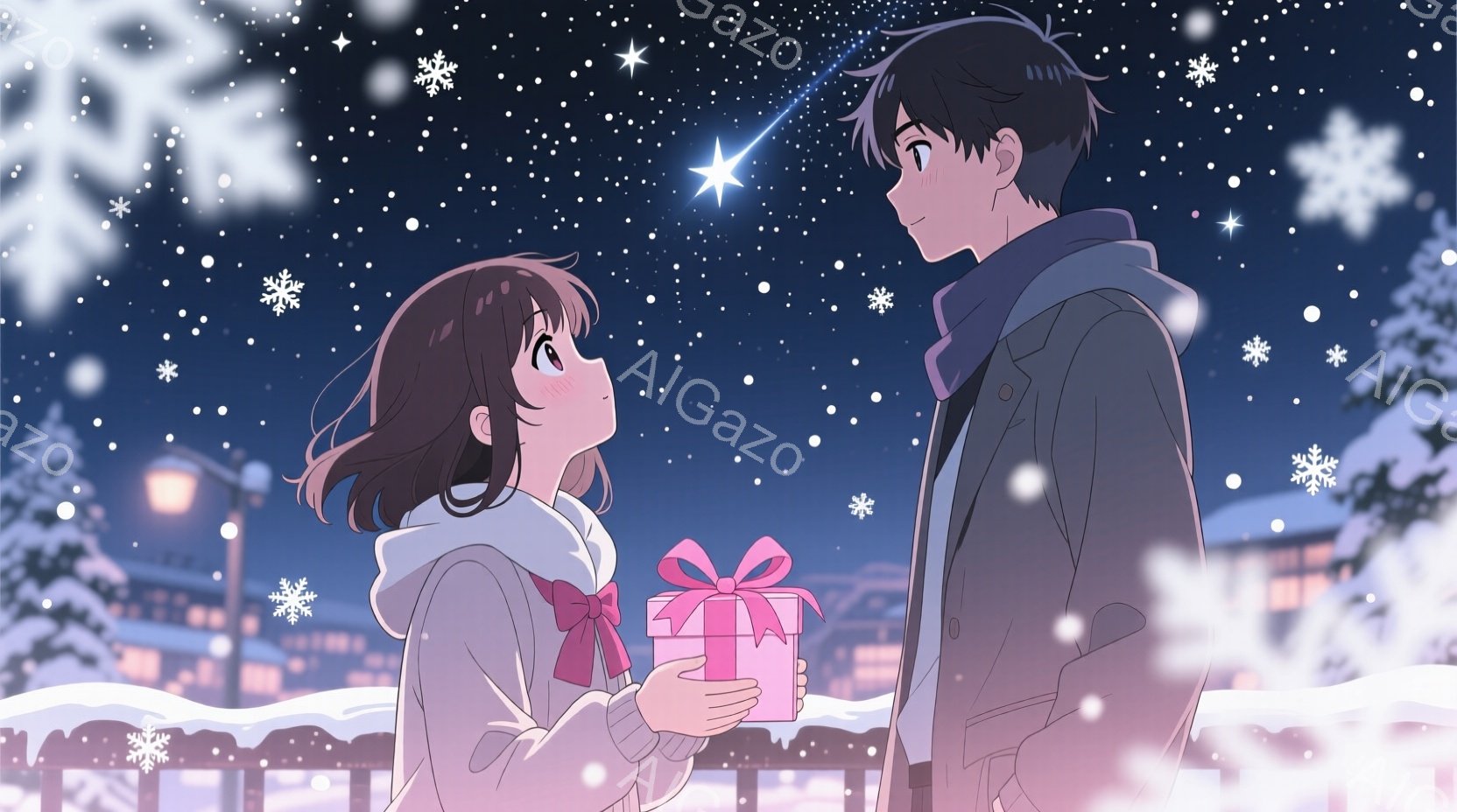 少女はピンク色のリボンが付いた白いパーカーを着て、片手にピンク色の包装されたプレゼントを持っています。少年は黒いコートを着て、彼女を見上げています。背景には雪が降り積もり、遠くに街の明かりが見え、空には流れ星が輝いています。