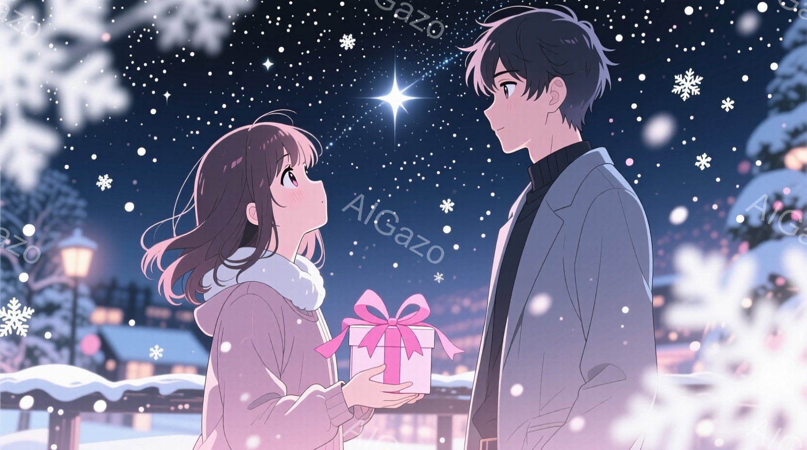 雪が降り積もる夜、若い女性と男性が正面を向かい合っている。女性はピンク色のコートに毛皮の襟元があり、ゆるやかなウェーブのかかった茶髪をしている。男性はダークブルーのコートを着ており、女性にピンク色のリボンで結ばれたプレゼントを差し出している。