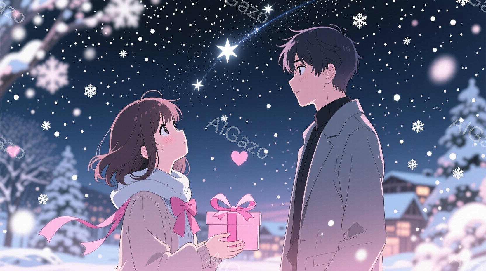 画像には、ピンク色の巻き毛の髪をした少女と、黒髪の少年が描かれています。少女はピンク色のコートとスカーフを着用し、手にピンクのリボンで飾られたプレゼントを持っています。背景には雪が降り積もり、遠くに建物が見え、夜空には星と流れ星が輝き、ロマンチックで冬らしい雰囲気が漂っています。