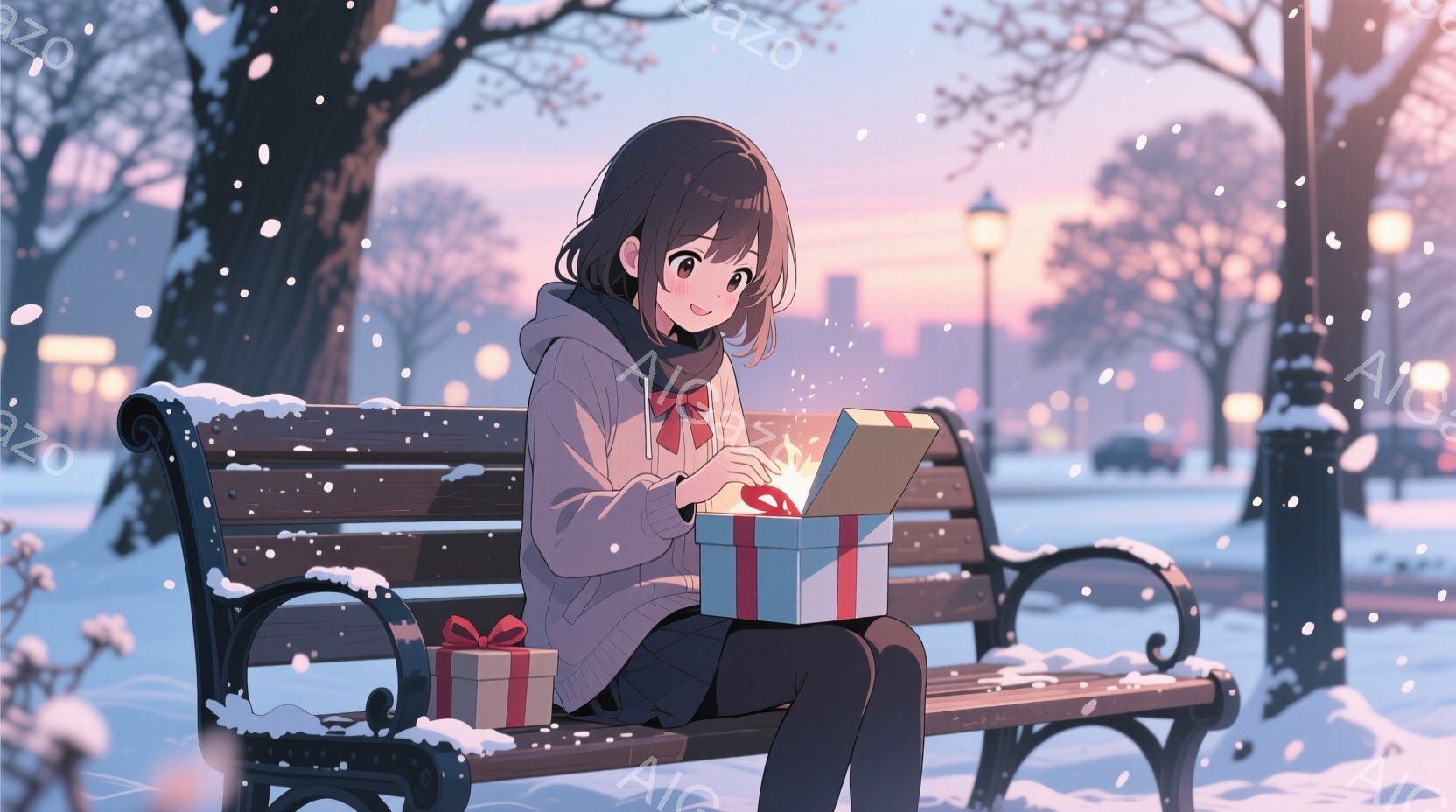 雪が降り積もる公園のベンチに座る少女が描かれています。彼女はクリーム色のセーターと黒いスカートを着ており、赤いリボンで髪を結んでいます。笑顔でプレゼントの箱を開けており、箱の中には光が輝いている様子が - AI生成フリー素材