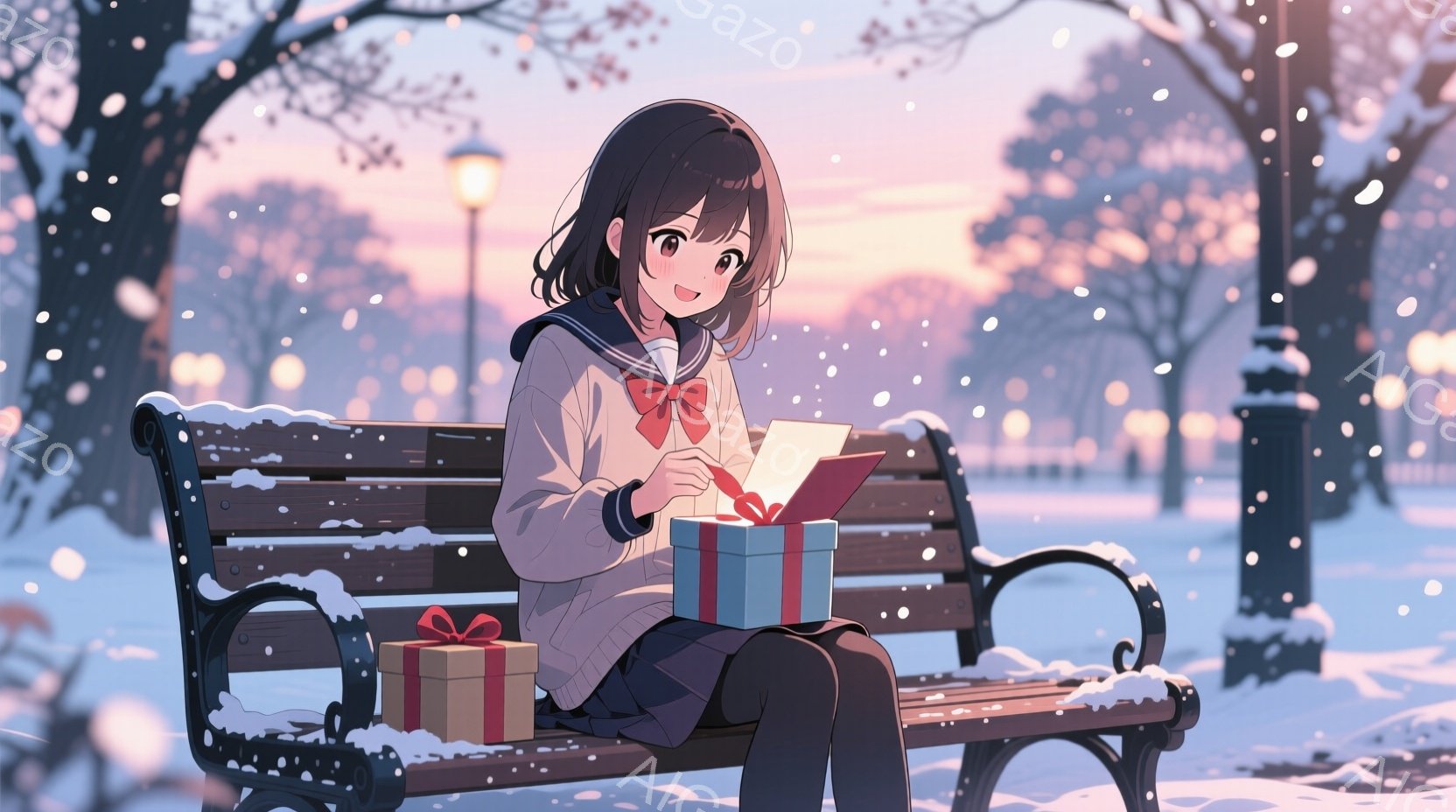 雪が降る公園のベンチに座った少女が描かれています。彼女は白いコートとセーラー服を着ており、茶色の短い髪をしています。彼女は膝の上に開いた青いギフトボックスと、ベンチの横に置かれたオレンジ色のギフトボックスを持って、笑顔で何かを見ています。