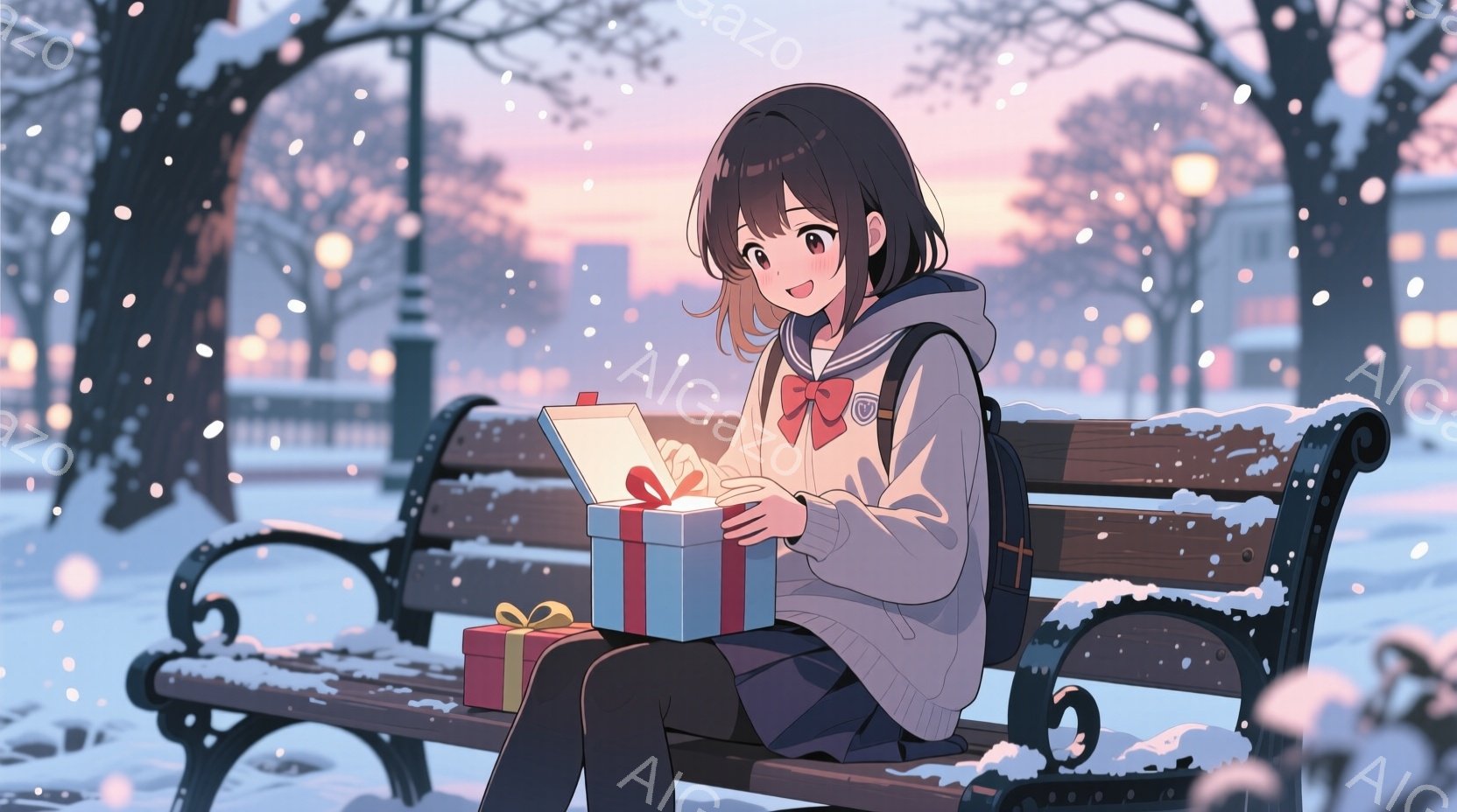雪が降る公園のベンチに座った少女が描かれています。彼女は白いセーターと短いスカート、赤いリボンを身につけ、膝に青いギフトボックスを開けて中身を確認しています。背景にはぼやけた建物と木々が見え、雪景色が - AI生成フリー素材