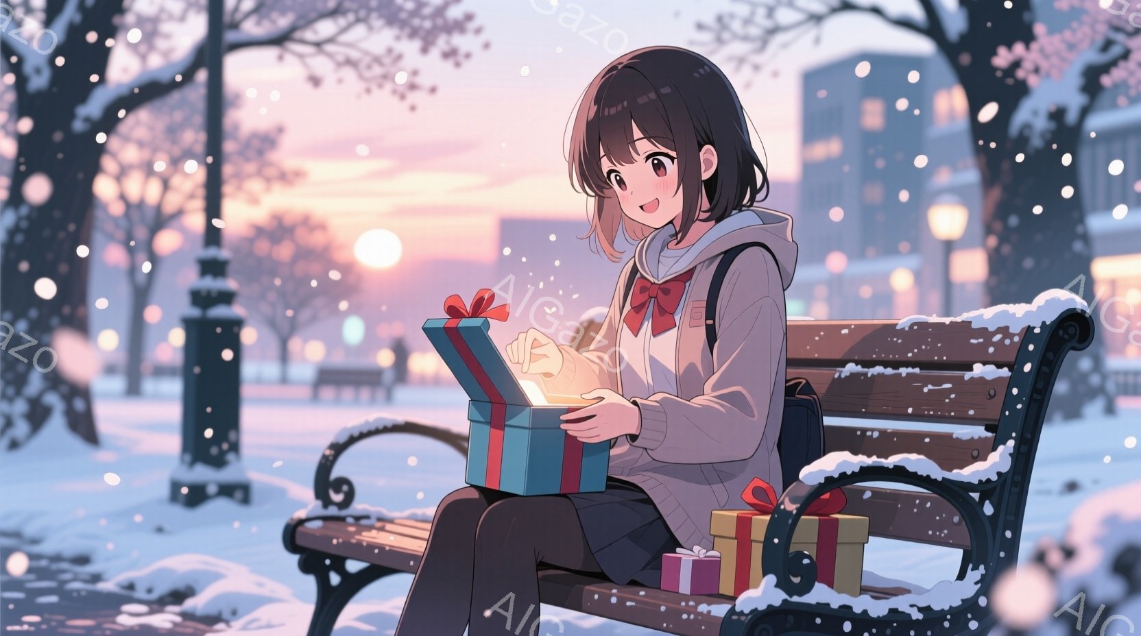 冬の公園のベンチに座る少女が描かれています。彼女は白いセーター、黒いスカート、赤いリボンを身に着け、肩にリュックサックを背負っています。雪が舞い散る中、彼女は開いたプレゼントボックスからこぼれる光を見つめ、嬉しそうな表情を浮かべています。