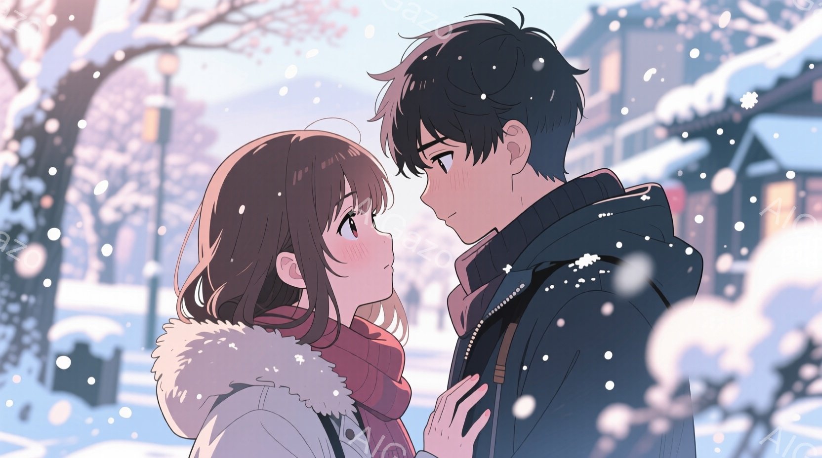 少女は肩まである茶色の髪で、白い冬のコートと赤いマフラーを身につけています。少年は黒い髪で、黒いジャケットを着ており、少女の腰を抱きしめています。背景には雪景色が広がり、建物や街灯がぼんやりと見え、二人の間には穏やかでロマンチックな雰囲気が漂っています。