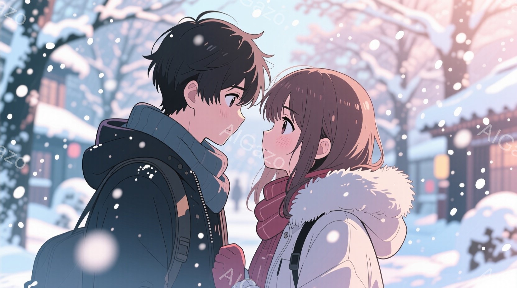 画像は、雪が降る冬の日に、若い男女が互いに見つめ合っている様子を描いています。男性は黒髪で、黒いコートとバックパックを着ており、少し照れた表情をしています。女性は茶髪で、白いフード付きのコートと赤い手袋を着用し、頬を赤らめて男性を見つめており、背景には雪景色と日本の伝統的な建物が見えます。