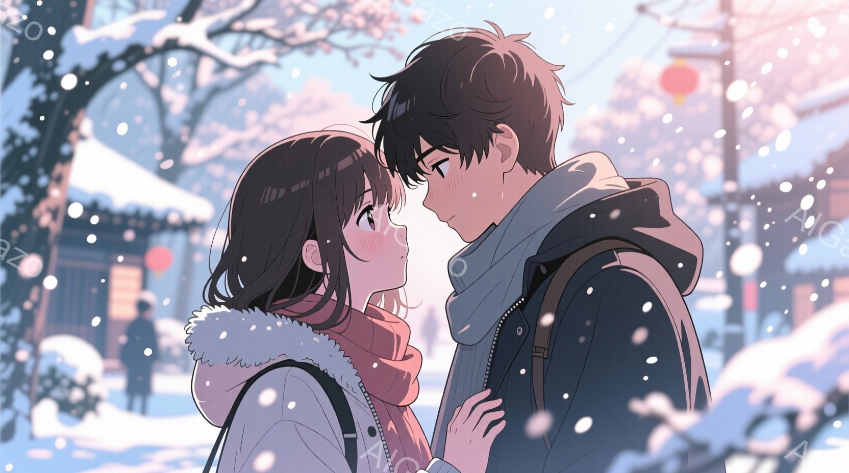 雪が降る街並みで、若い男女が寄り添っている。女性は茶色のショートヘアで、クリーム色の襟付きのジャケットとリュックサックを身につけ、頬を赤らめている。男性は黒髪で、黒いジャケットとマフラーを巻き、女性を見つめ、二人は互いに愛しげな眼差しを交わしている。