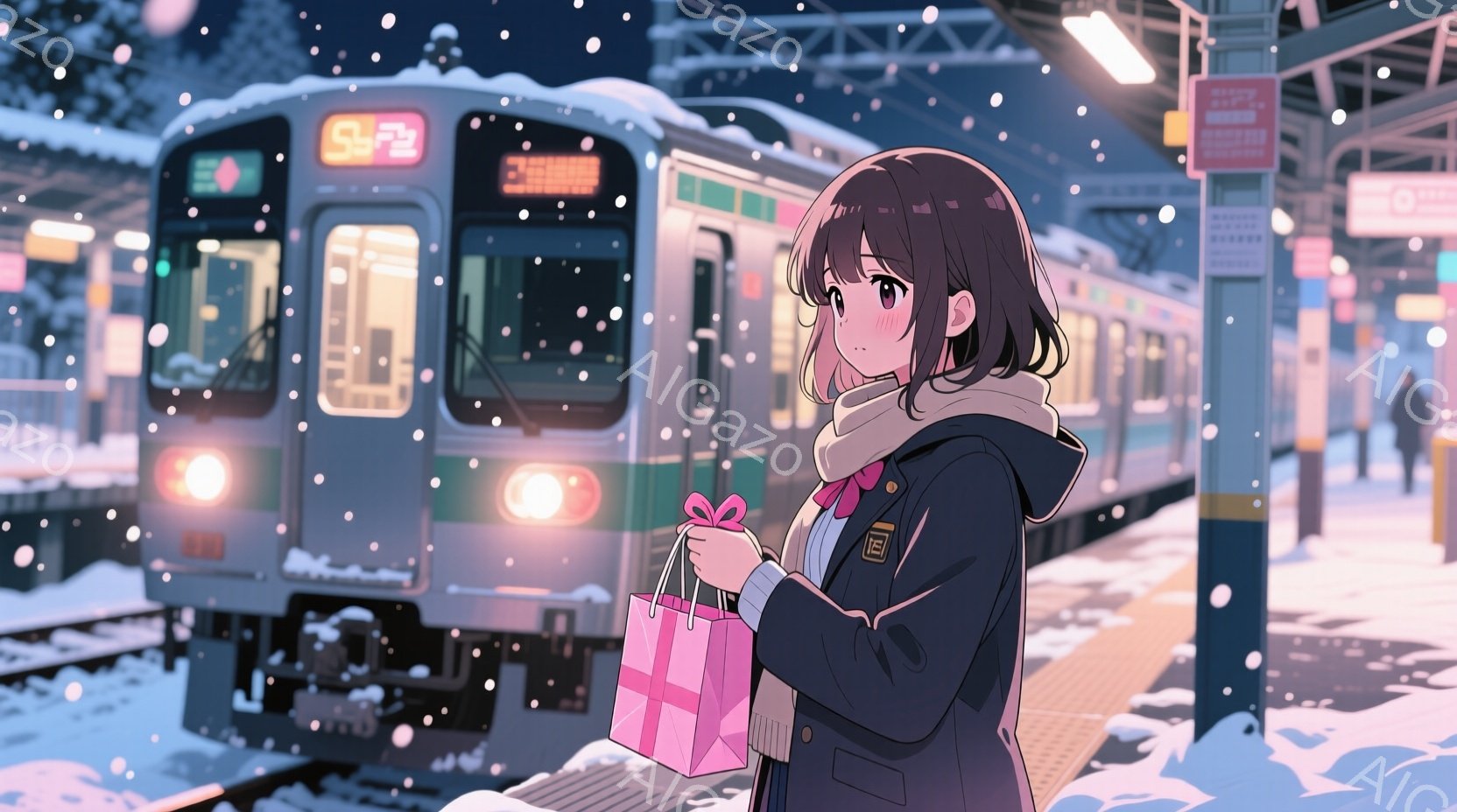 画像には、雪が降る夜の駅のホームに立つ若い女性が描かれています。彼女は濃い茶色の髪で、肩までかかるボブヘアスタイルで、ネイビーのジャケットとスカーフを身に着けています。彼女はプレゼントが入ったピンク色のギフトバッグを持ち、どこかを見つめているようで、物憂げな表情を浮かべています。