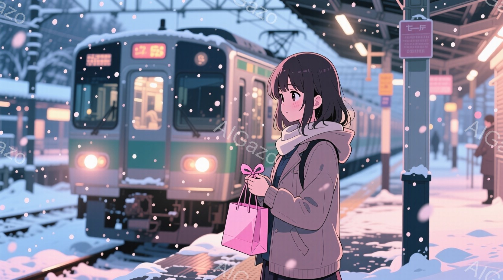 雪が降るプラットフォームに、若い女性が立っている。彼女は黒髪のショートボブで、緑色のジャケット、白いセーター、黒いスカートを身につけ、ピンク色のギフトバッグを手にしている。背景には、ライトが点灯した電車と雪で覆われた木々が見え、全体的に穏やかで少し寂しげな冬の雰囲気が漂っている。