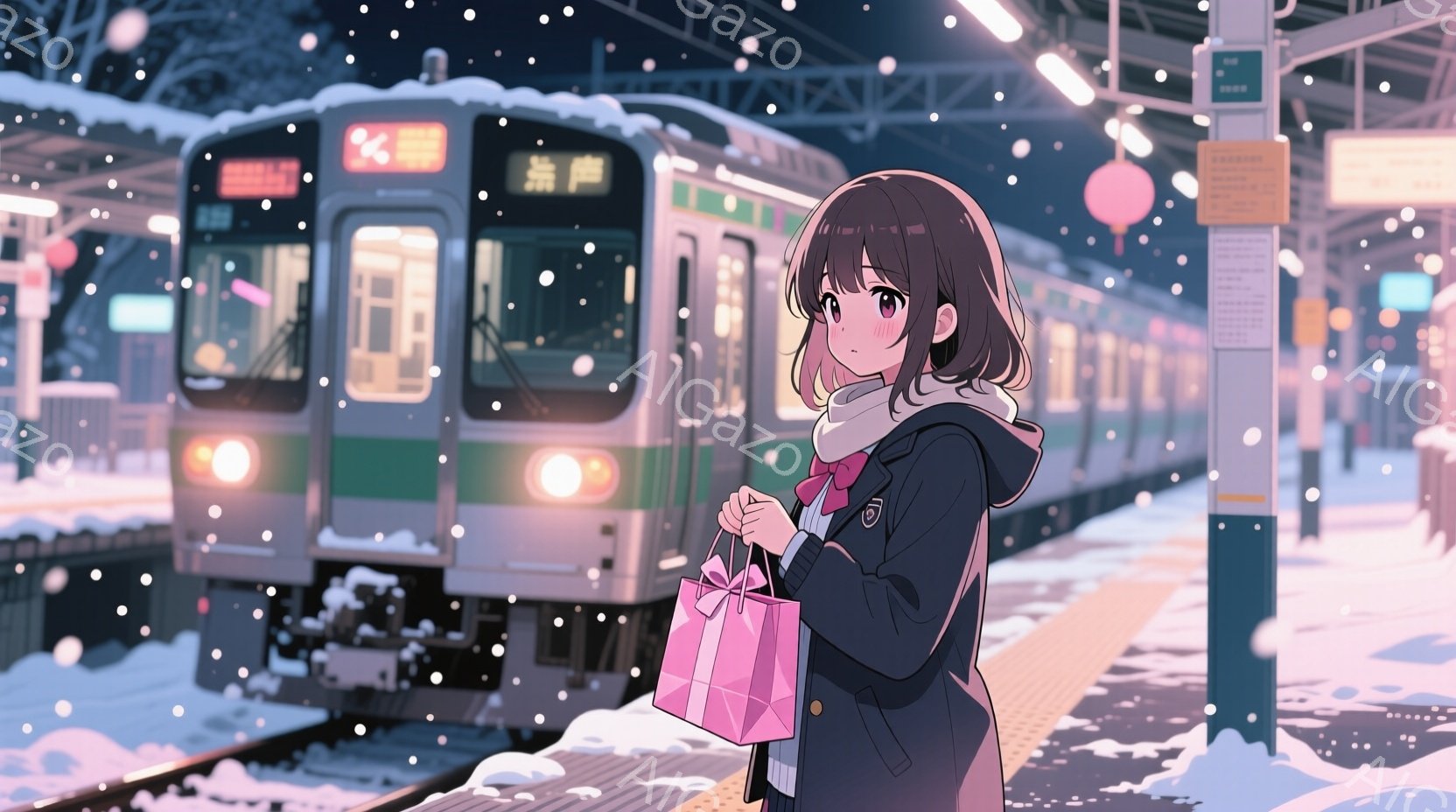 雪が降るプラットフォームに立つ少女が描かれています。彼女は黒いコート、白いシャツ、赤いリボン付きのネクタイを着ており、肩までの中くらいの茶色の髪で、少し不安そうな表情をしています。背景には雪に覆われた線路と、ぼやけた電車の姿があり、全体的に冬の寂しさと、何かに期待しているような雰囲気が漂っています。