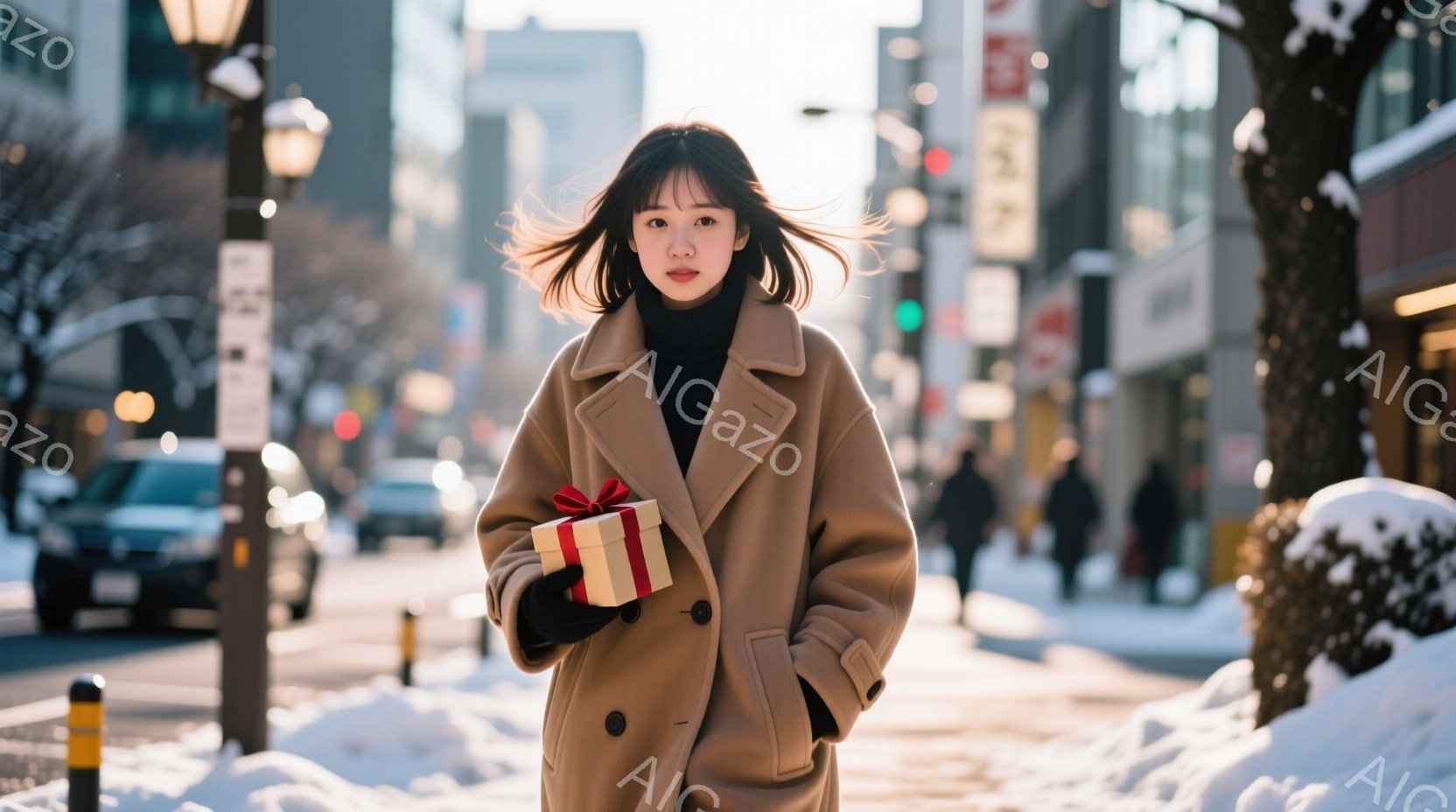 長い髪をセンターパートにした若い女性が、ベージュ色のコートを着て、片手に赤いリボンで結ばれたプレゼントの箱を持っています。彼女はカメラの方を見て微笑んでおり、冬の街並みが背景に広がっています。雪が積も - AI生成フリー素材