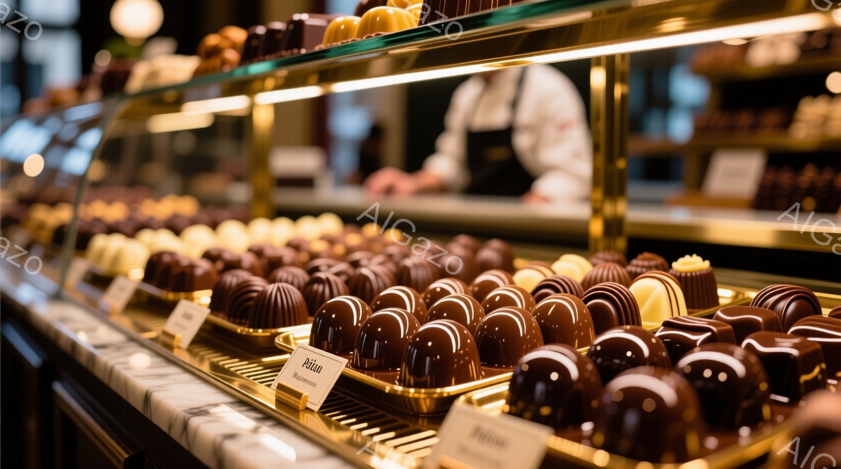 ショーケースの中に、様々なチョコレート菓子が整然と並べられています。それらは、深みのある茶色と白のコントラストが美しく、まるで宝石のように輝いています。背景には、白衣を着た人物がぼんやりと見え、高級感 - AI生成フリー素材