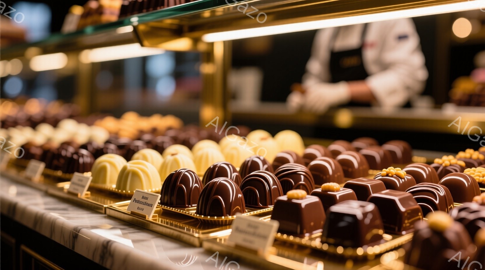 ショーケースの中に、様々な種類のチョコレートが整然と並べられています。チョコレートは茶色、ミルク、ゴールドの色合いで、美しい輝きを放っています。背景には白い制服を着た人物がぼやけていますが、手元にはチョコレートが見え、まるで職人がチョコレートを作っているかのようです。