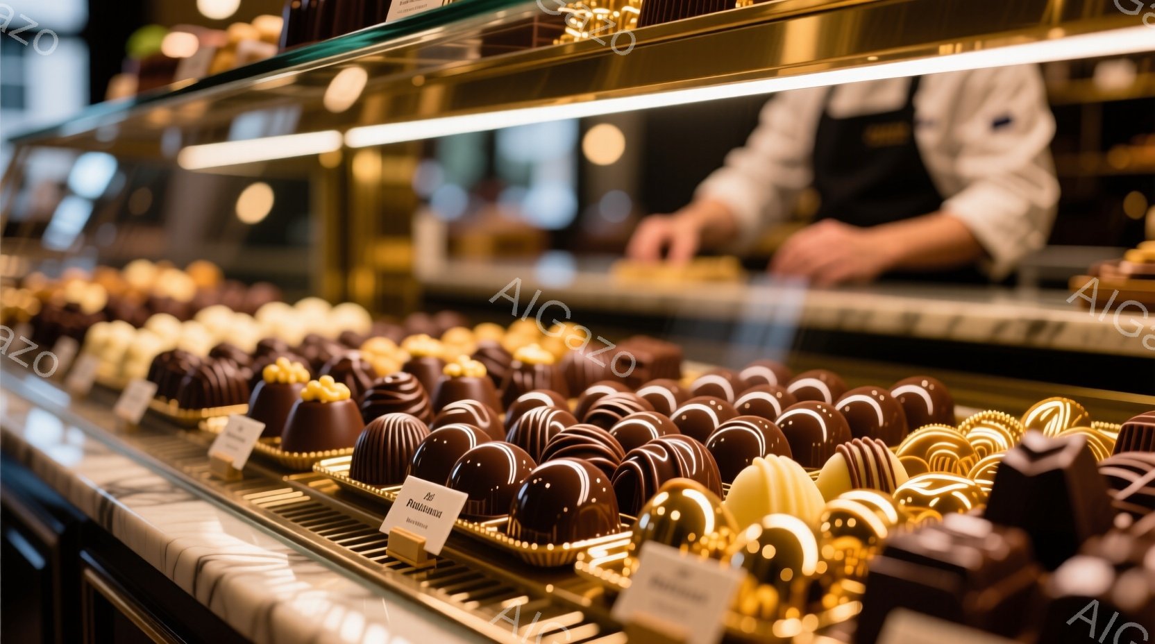 ショーケースの中に、様々なチョコレート菓子が整然と並べられています。丸いチョコレート、ドーム状のチョコレート、そして表面に装飾が施されたチョコレートなど、色とりどりの美しいチョコレートが楽しめます。背 - AI生成フリー素材