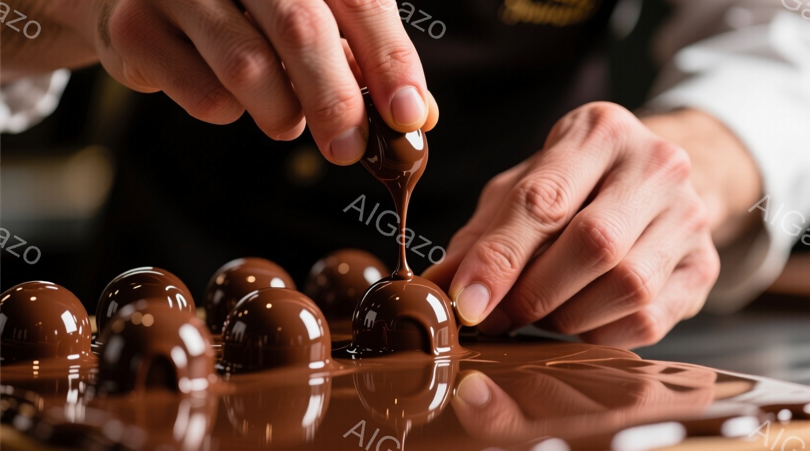 チョコレートをコーティングする手が写っている。背景は暗く、チョコレートが並べられたトレーの上で、溶けたチョコレートが滴り落ちている様子が捉えられている。作業者の服装は白のシャツで、チョコレート作りに集 - AI生成フリー素材