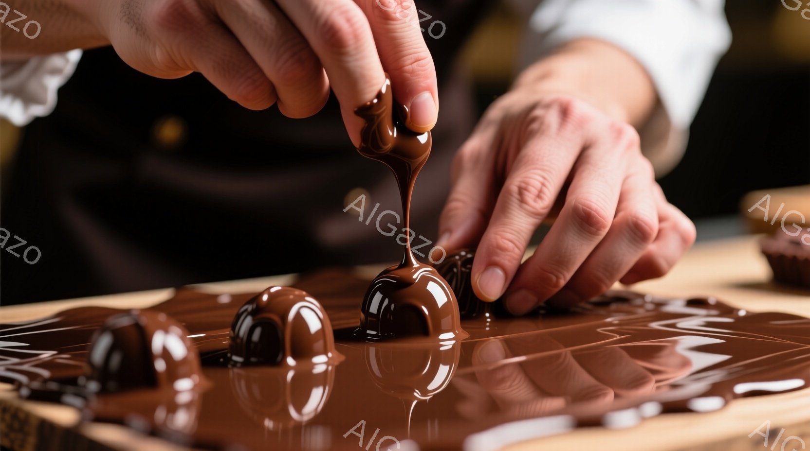 チョコレート製造の過程が写っている写真です。溶けたチョコレートを何人かの手が丁寧にコーティングしており、つややかな茶色のチョコレートが並んでいます。背景はぼやけており、作業に集中している様子が伺えます。
