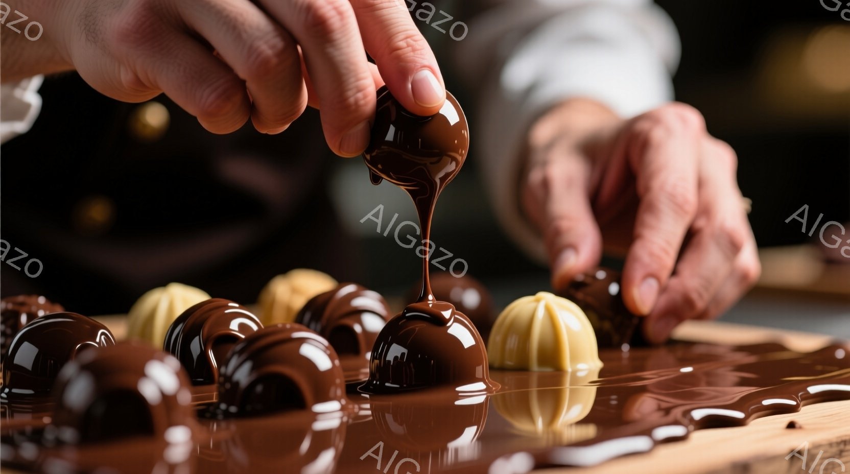 チョコレートのコーティング作業が行われている様子が写っています。熟練した手つきで、溶けたチョコレートを茶色のトリュフ状の菓子に流し込み、滑らかな表面を作り上げています。背景には、様々な色のチョコレート - AI生成フリー素材
