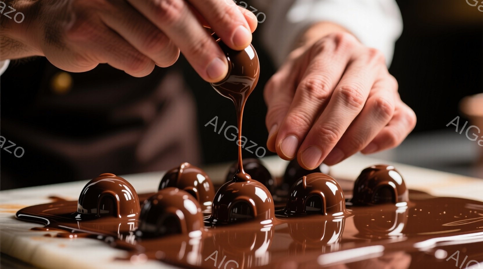 チョコレートをコーティングする手が写っている。溶けたチョコレートが丸いチョコレートキャンディーに流れ落ち、白い表面に美しい模様を描いている。背景はぼやけており、暖かく、職人的な雰囲気が漂う。